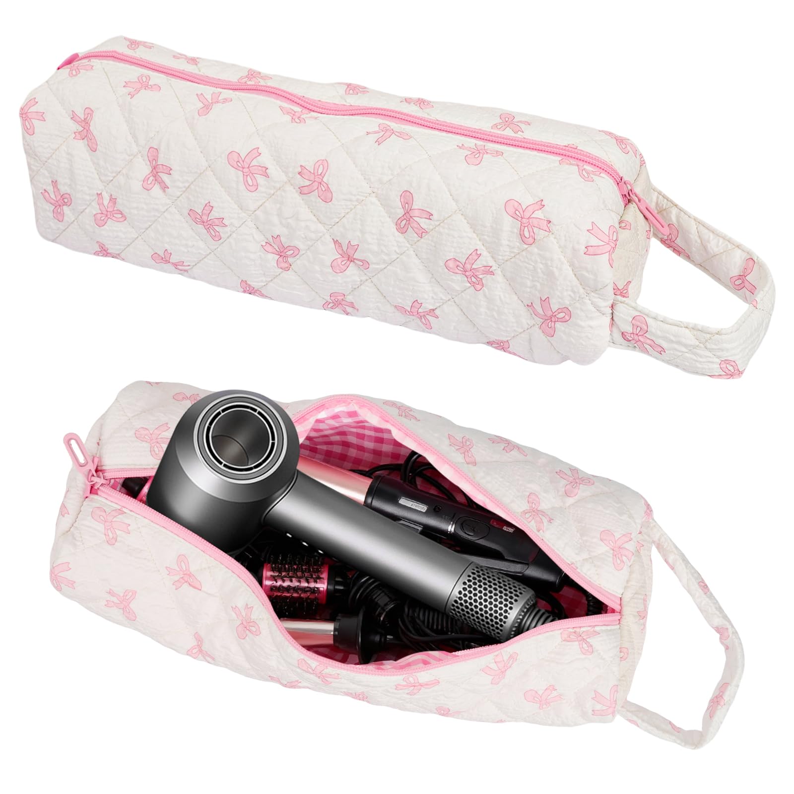 Canumer Hair Tools Organizer Bag with Bow Pattern for Curling Irons, Flat Irons, Hair Dryers and Styling Tools, Portable Pink Travel Case, Haircare Accessories Travel Essentials(14" x 3.1" x 4.9")