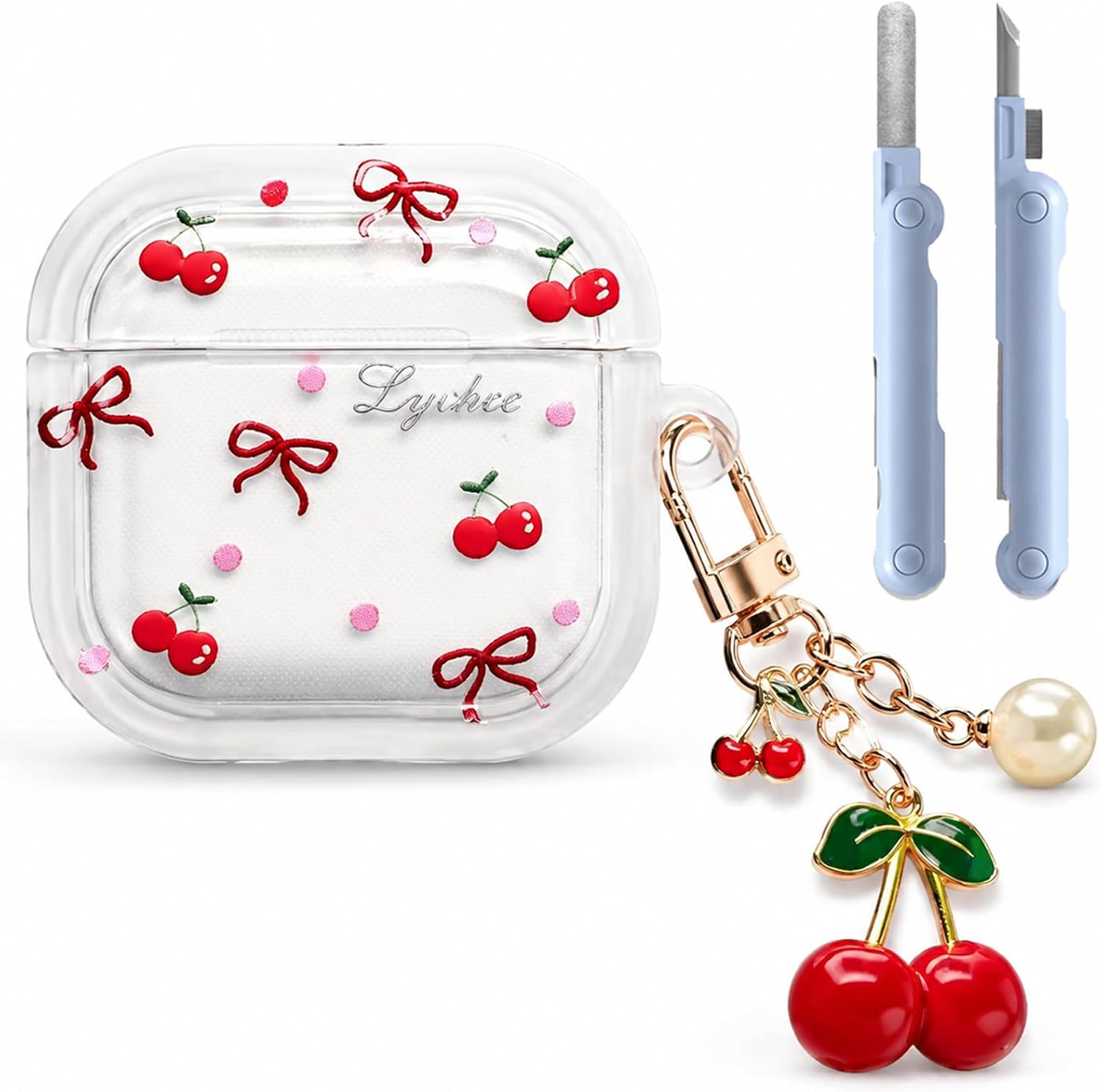 Cute Cherry Case for AirPods 4 2024 Release, Fruit Design TPU Protective Cover with Cherry Keychain & Cleaner Kit, Compatible with AirPods 4th Generation USB-C Charging Case, Gift for Women Girls