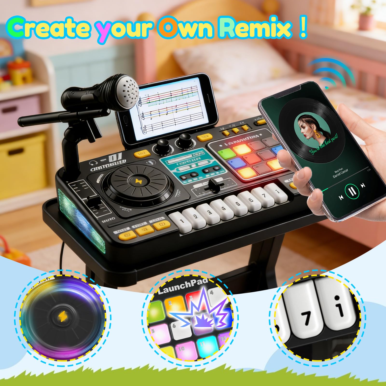 Table de mixage DJ pour enfants 3-12 ans, DJ Mixer Controller pour enfant Platines DJ Musicale avec 100+ effets sonores, micro, Lumières kit de mixage DJ Enfants Chargement USB, Bluetooth(schwarz)
