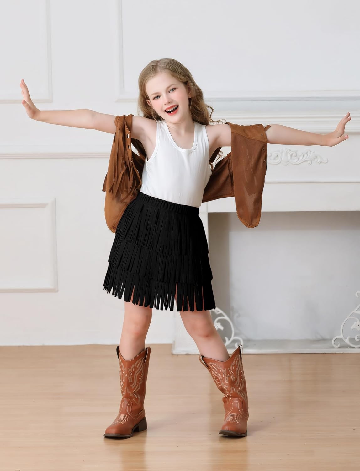 Happy Cherry Girls Faux Suede Tassel Mini Skirt Western Fringe Layered Cowgirl Skirts 5-12Y - Image 2