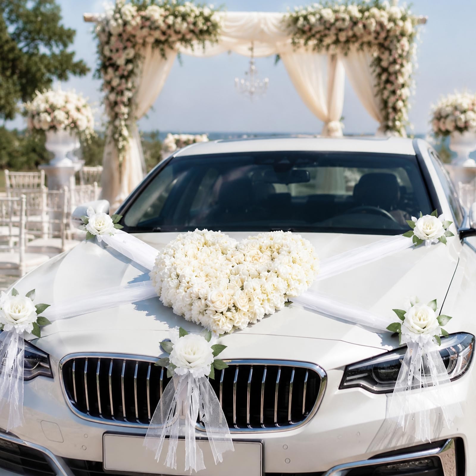 Herz Autoschmuck Hochzeit Set, Organza Girlanden & Rosen-Schleifen | 35cm Herzblumen-Deko, 8 Rosen-Schleifen, 2x180cm Organza-Bänder, starke Saugnäpfe, lackschonend, wiederverwendbar Brautauto