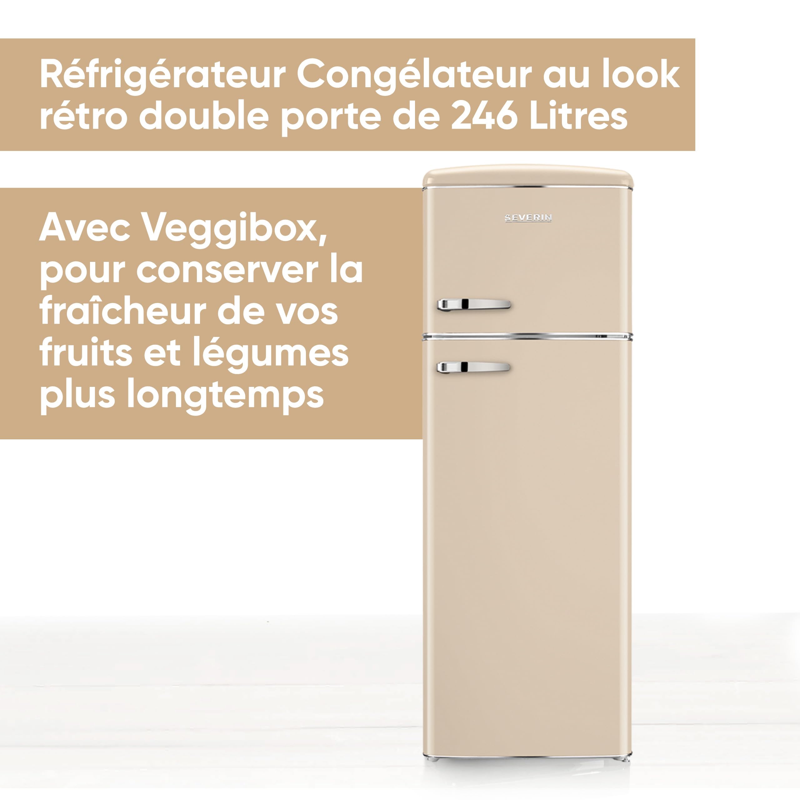 SEVERIN Réfrigérateur Congélateur 2 portes, Pose libre, Réfrigérateur Double Porte avec Congélateur Largeur 55 cm, 246 L, Classe D, Look Rétro, Crème, RKG 8985