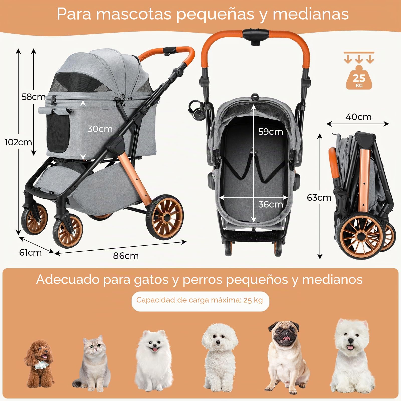 MAMIZO One-Touch Carro para Perros, Cochecito Plegable, hasta 25 kg, Estructura de aluminio y acero al carbono, Asa ajustable en altura, Portavasos, 4 PCS ruedas, para perros y gatos (Gris oscuro)