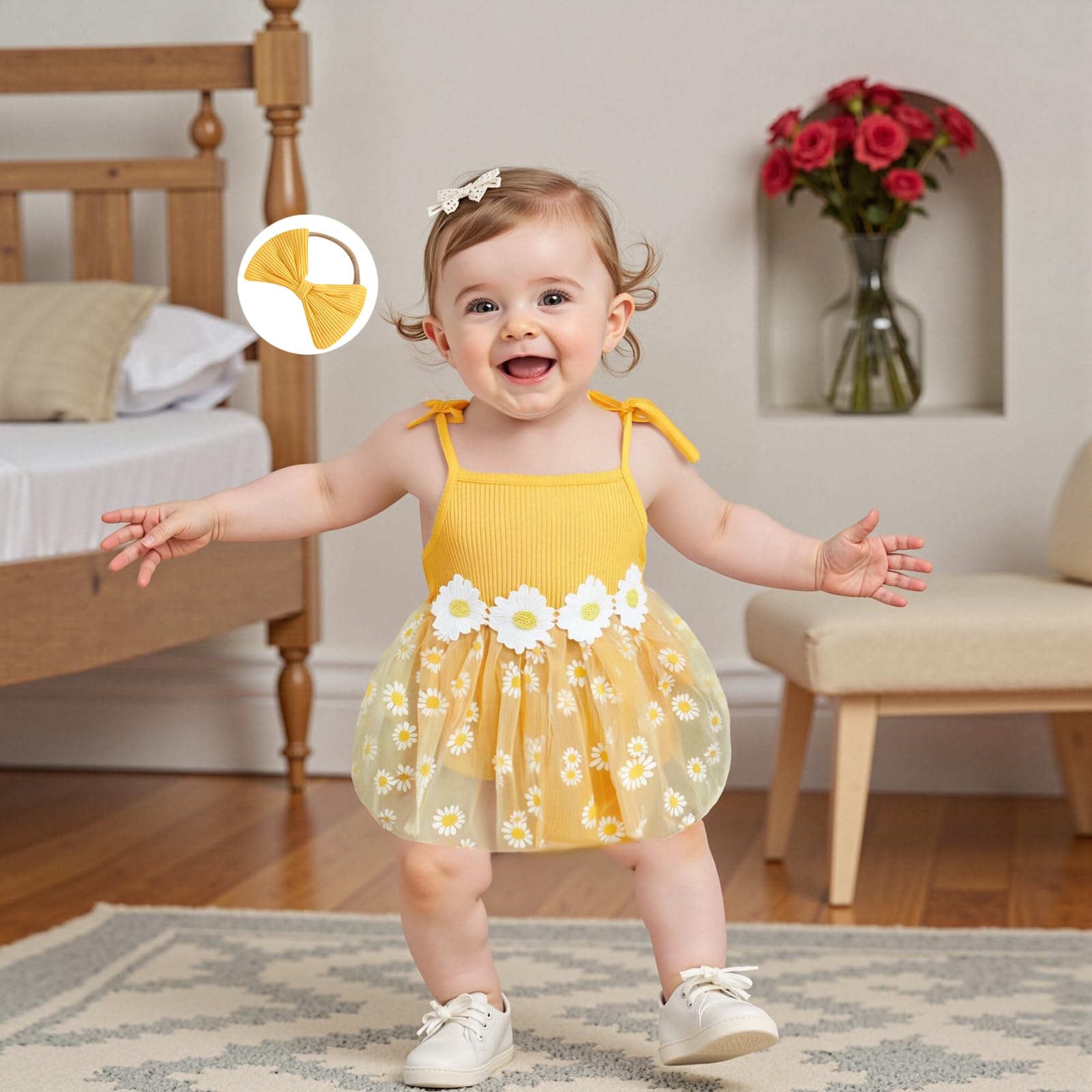 Newborn Baby Girl Cute Outfit Sleeveless Flower Print Tulle Patchwork Romper Dress with Bowknot Hairband (Yellow, 0-3 Months)