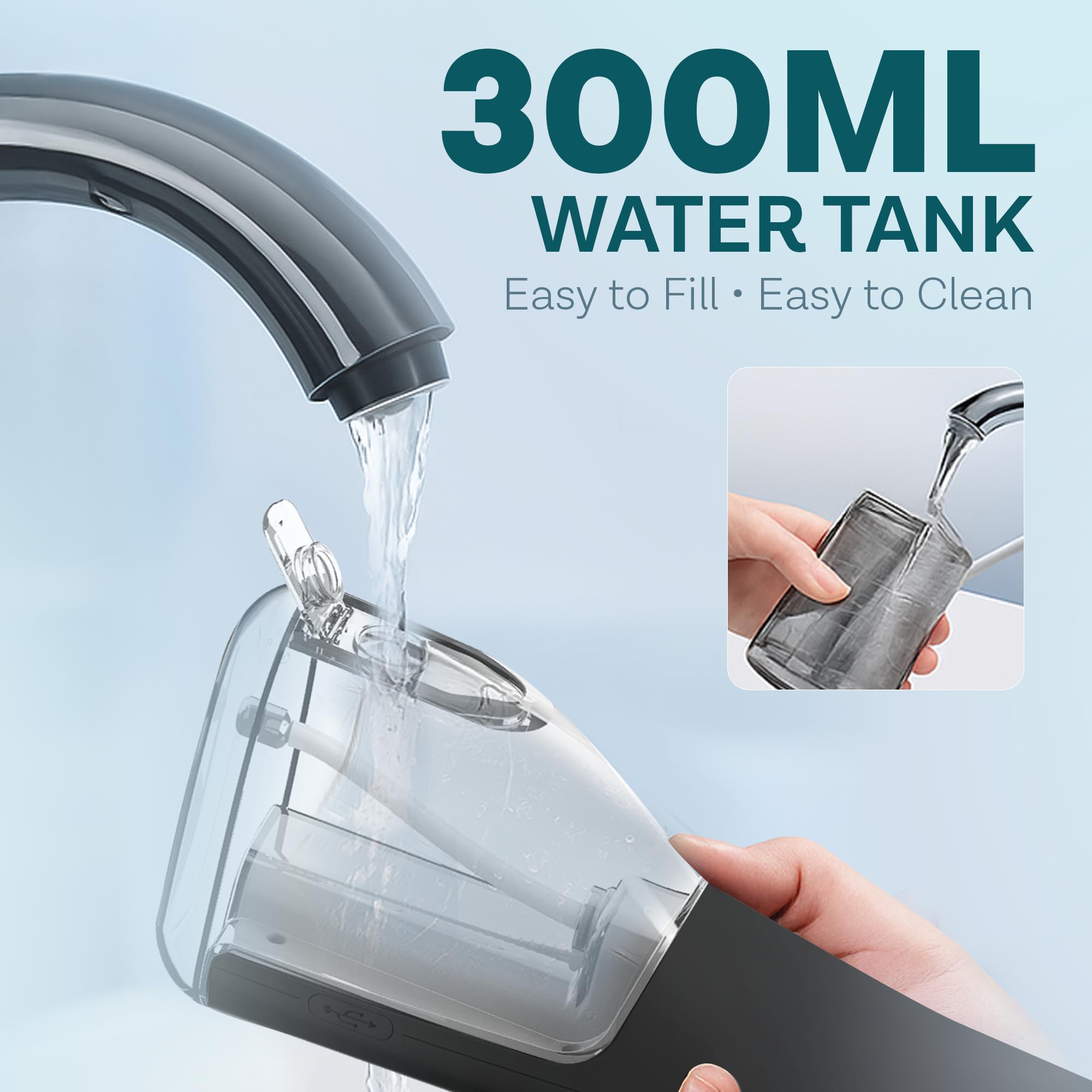Idropulsore senza fili per denti, 5 modalità, 60 ~ 140 PSI, 8 punte, serbatoio da 300 ml, ricaricabile USB, impermeabile IPX7, irrigatore orale portatile per gengive, bretelle, tonsille, cure
