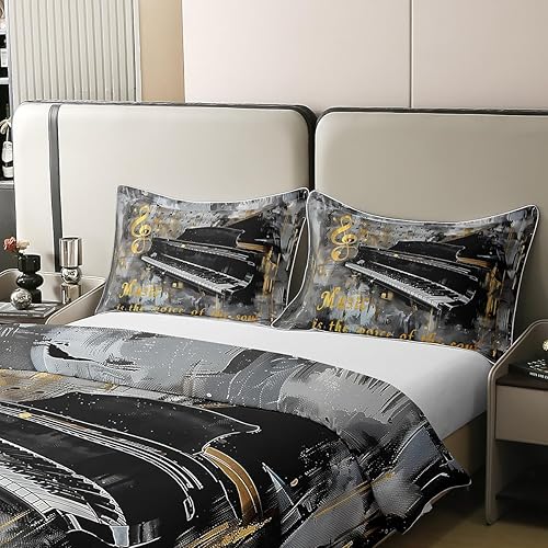 Miniatura 4 de Juego de funda de edredón de 100 % algodón, tamaño individual, notas musicales, juego de ropa de cama de 2 piezas para niños, niñas, adolescentes,