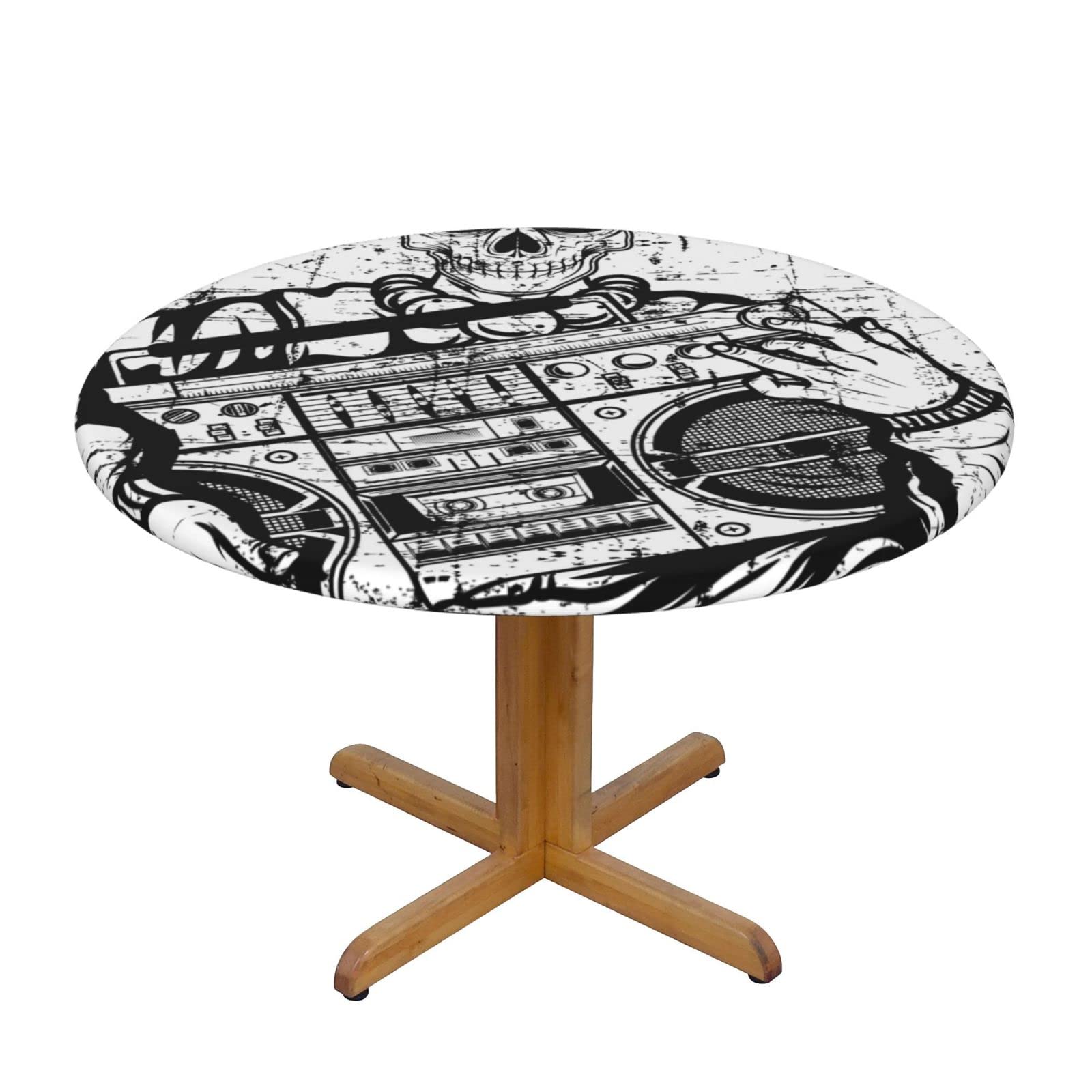 Lsjuee Round Fitted Tablecloth 40-44in Elastic Edged Table Cloth for Kitchen Dining Party Home Decor - Vintage Skeleton Grunge White