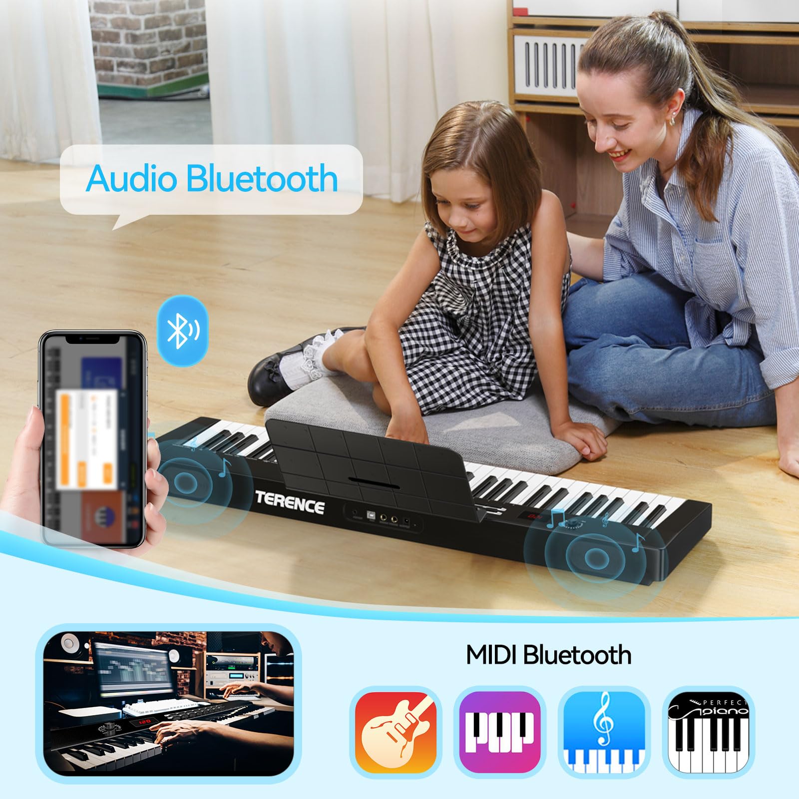 TERENCE Tastiera Pianoforte 61 Tasti Completa Di Supporto, Microfono, Altoparlanti HiFi, 128 Suoni E Modalità Doppia Tastiera