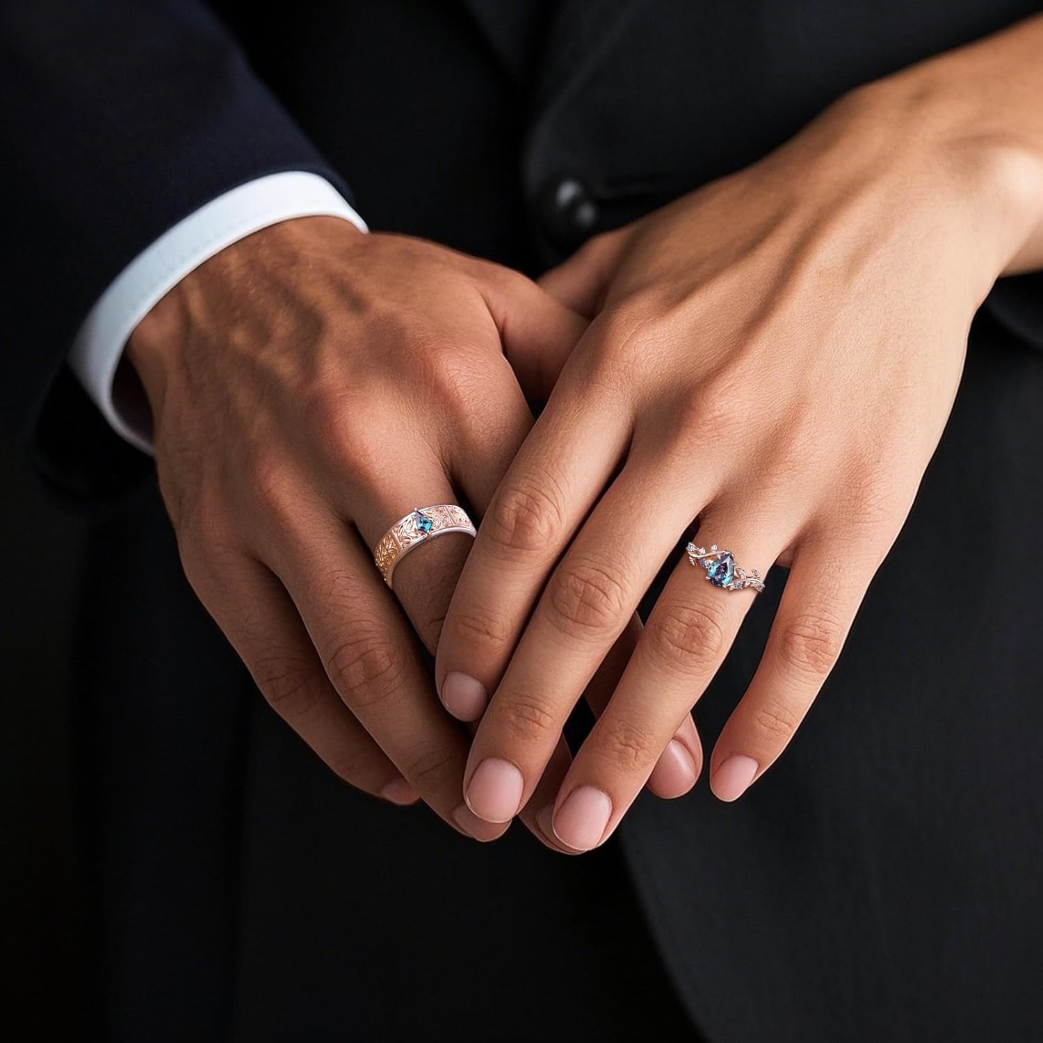 2pcs Leaf Couple Wedding Rings Sets, S925/10K/14K/18K Gold Vine Branch Engagement Rings Set for Man and Women, Customized His and Her Matching Promise Bands Free Engraving for Anniversary(Style 6)