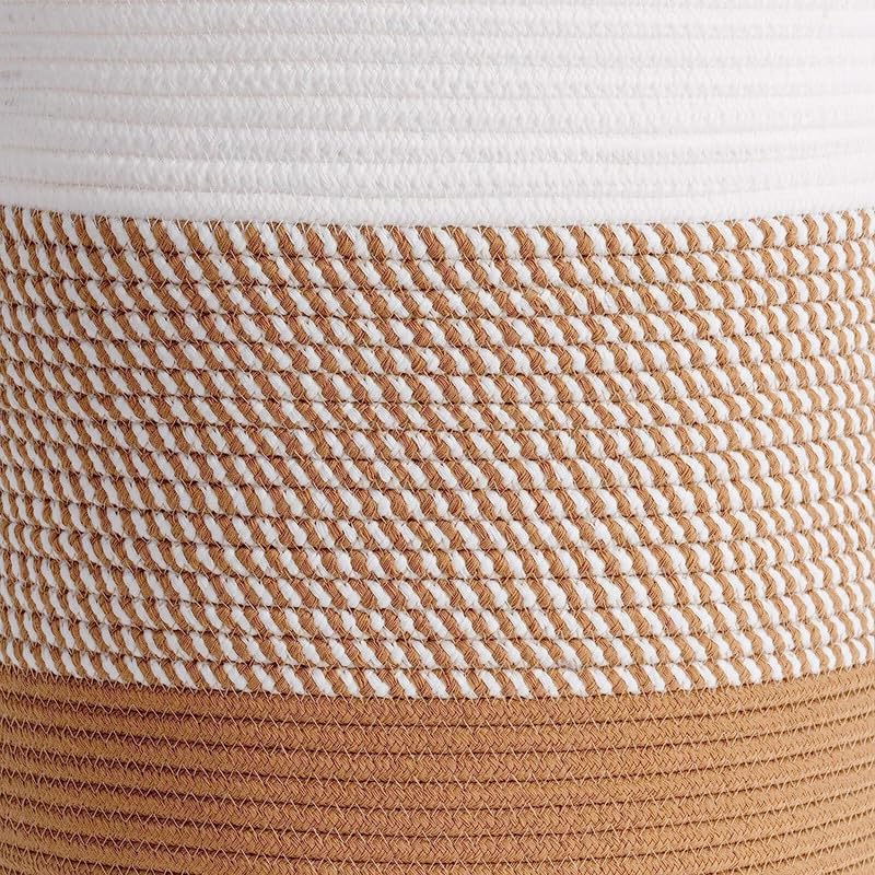 Image of Large Basket Natural Cotton Rope Storage Basket and Hamper for Cloths and Multi Usage in Living Room, Bedroom, Laundry Room (Size - 14 inch x 14 inch x 16 inch) (White Beige Tiranga)