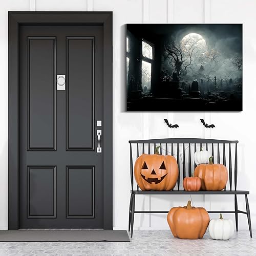 Miniatura 29 de Denozer Lienzo decorativo para pared de Halloween, castillo de terror de 32 x 24 pulgadas, decoración de pared de luna, decoración de otoño de Obra