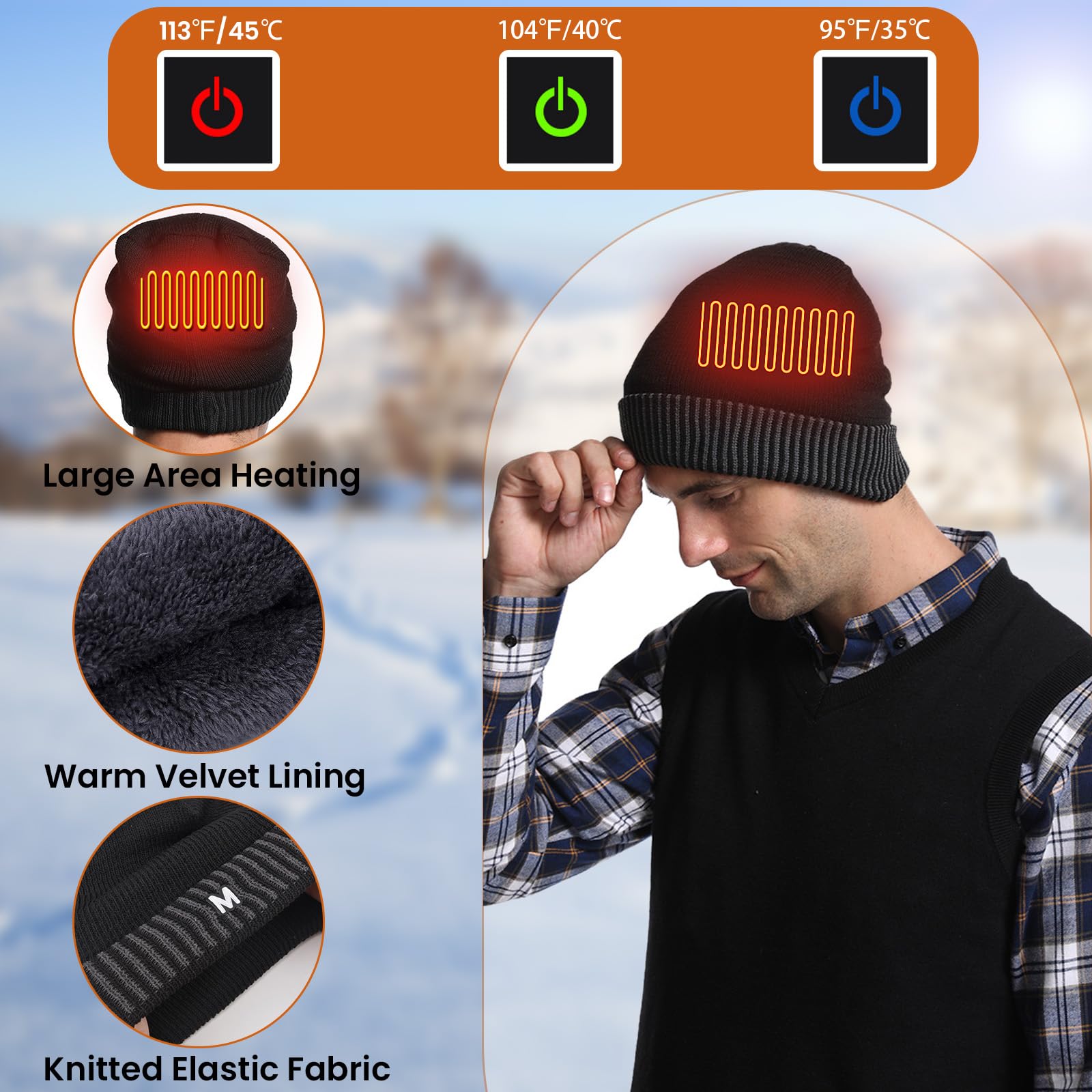 Heated Hat Scarf Gloves Set - 3 Pcs Winter Heated Gloves for Arthritis Hands Rechargeable Warming Beanie Scarf for Women Men (Black)