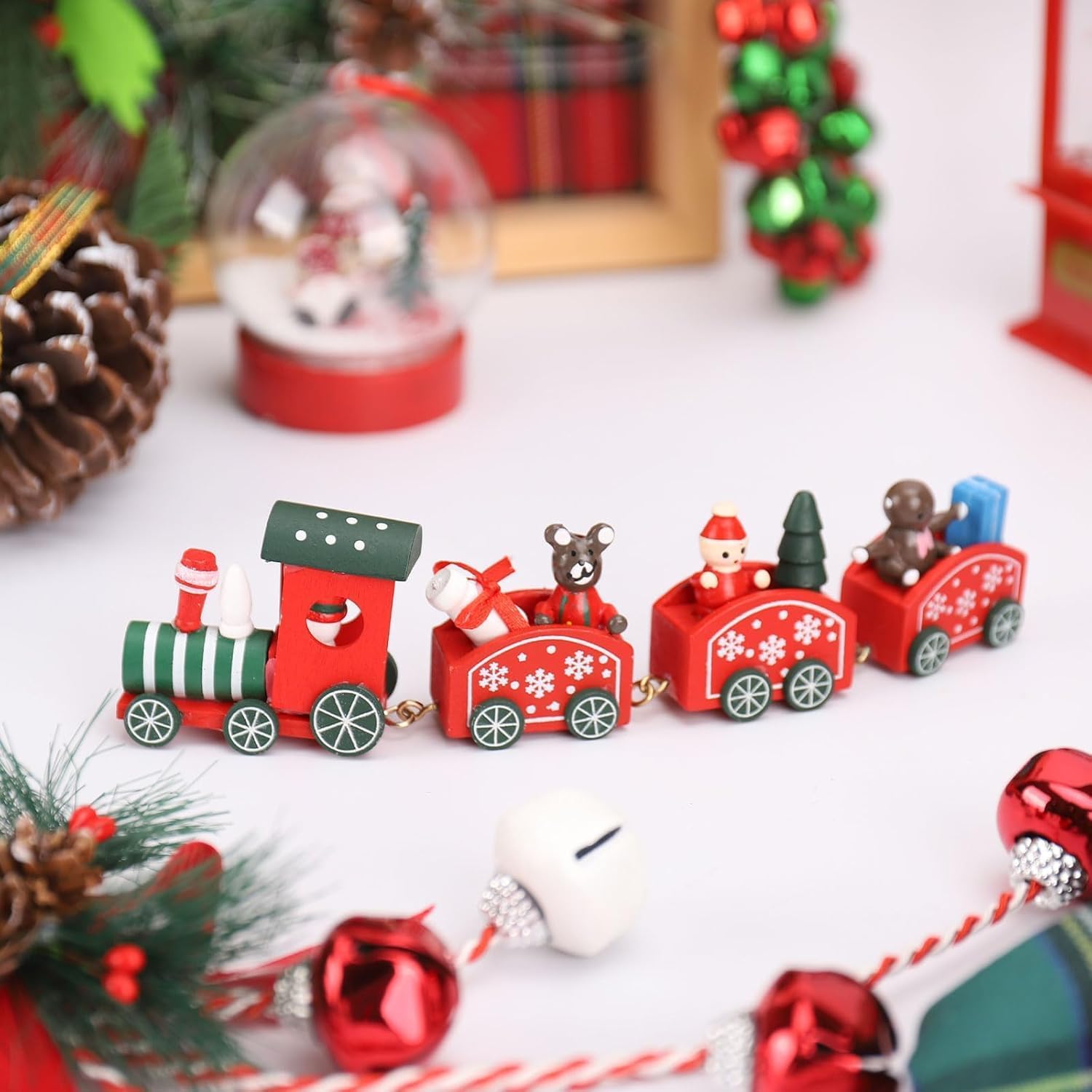 BEMT Mini Wooden Christmas Train Decoration – Painted Xmas Tabletop Ornament with Snowman – Green Holiday Decor for Home, Office, or Party Display