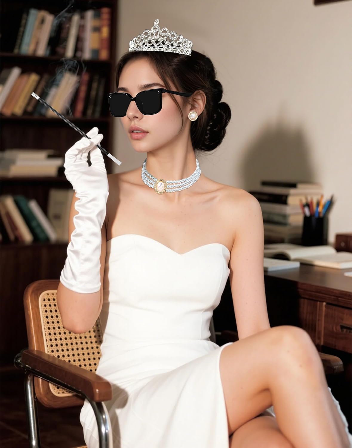 JeVenis 1920s Accessories Costume Gloves Sunglasses for Women Halloween Costume Pearl Pendant Necklace Earrings - Image 2