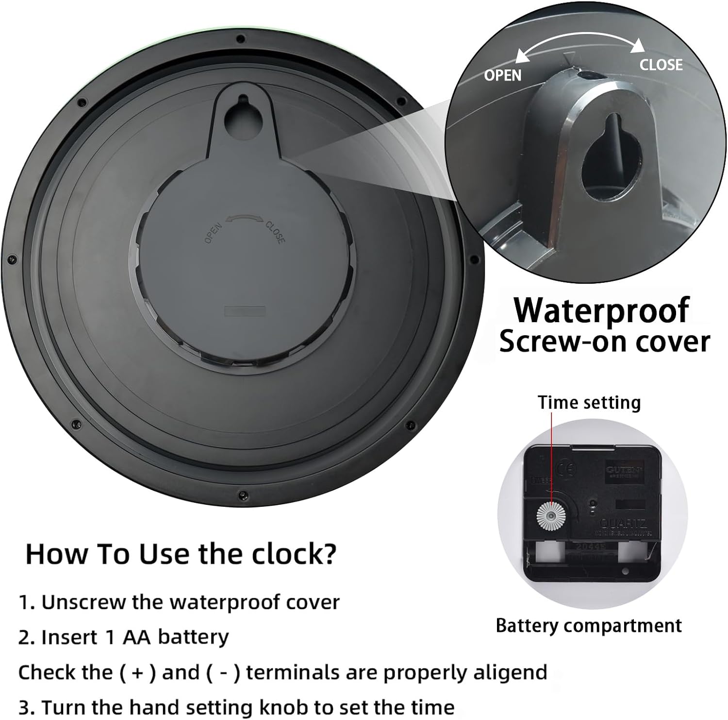 Caysie 12 Inch Sealed Indoor Outdoor Waterproof Wall Clock, Durable Silent Non-Ticking Battery Operated Quality Quartz Round Clock, Wall Decorative for Patio, Pool, Bathroom (Black)