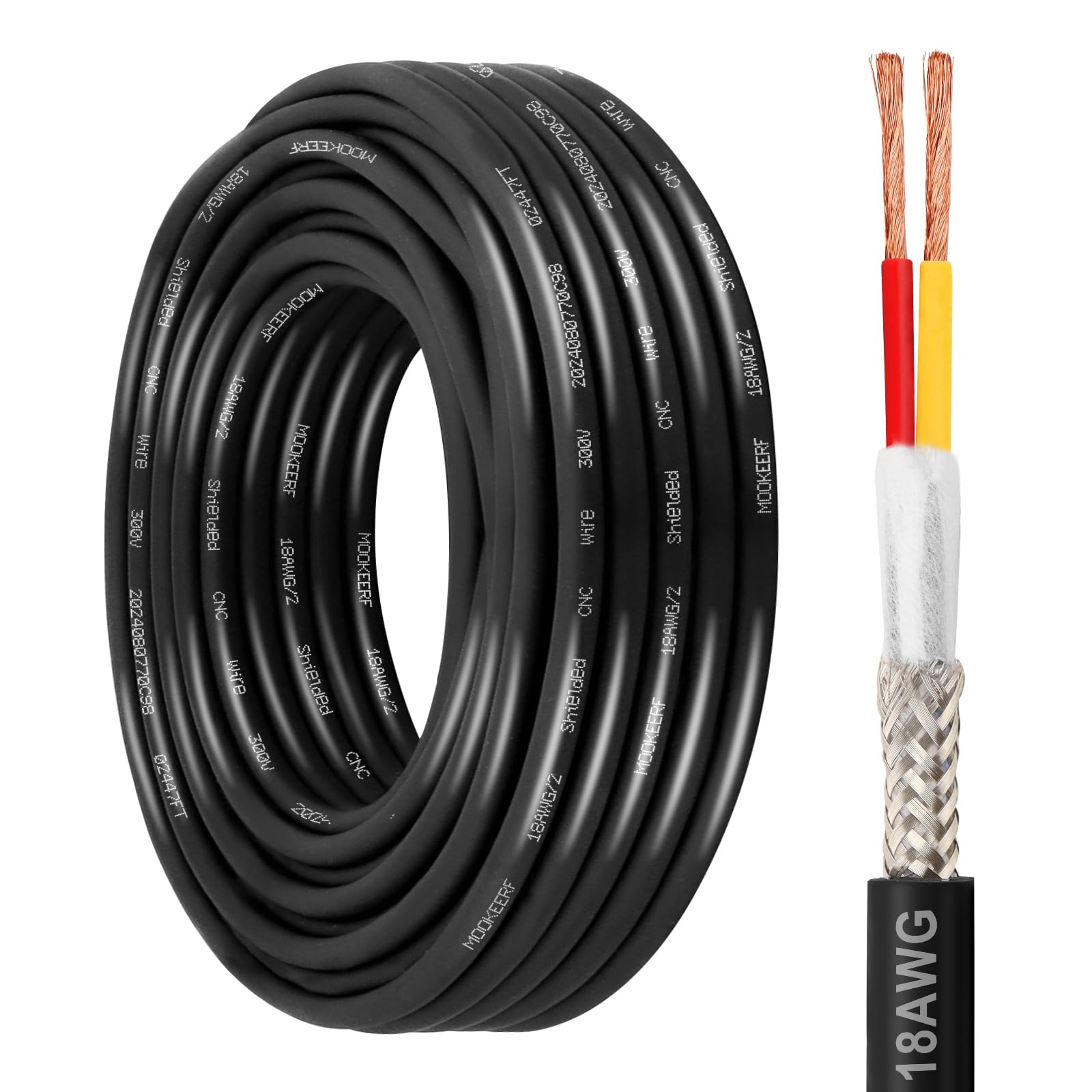 MOOKEERF 18/2 Shielded Wire 30FT,18AWG 2 Conductor Shielded Cable Stranded Pure Copper CNC Wire for CNC Router Machine,CNC VFD Spindle,3D Printer,