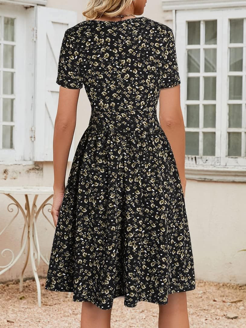 YATHON Women's Vintage Pleated Flared Swing A-Line Casual Party Work Dresses - Image 2