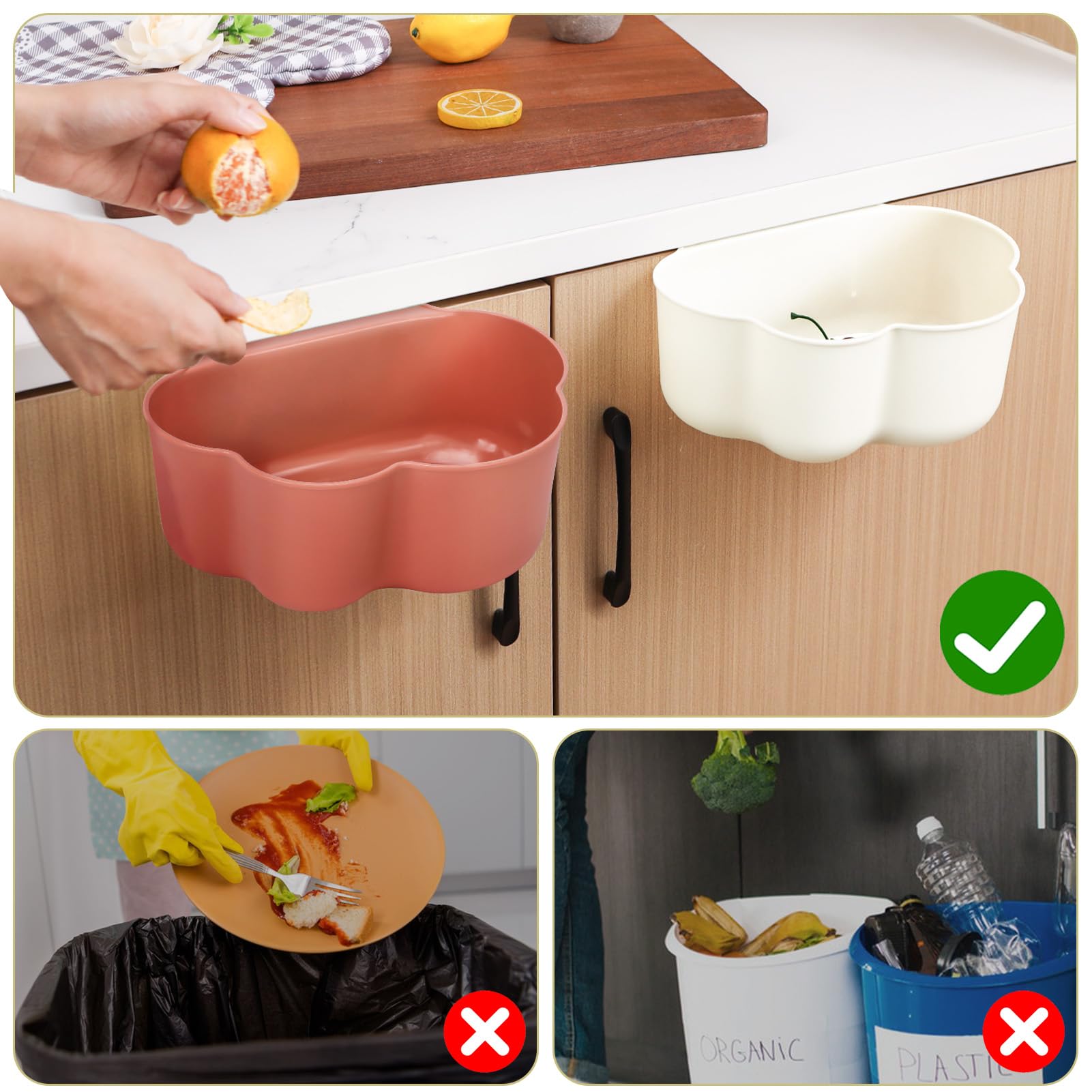 Floepx 4 vaschette di raccolta per rifiuti da cucina, armadietto da cucina, porta da appendere, contenitore per rifiuti, contenitore per rifiuti domestici (bianco, blu, rosa