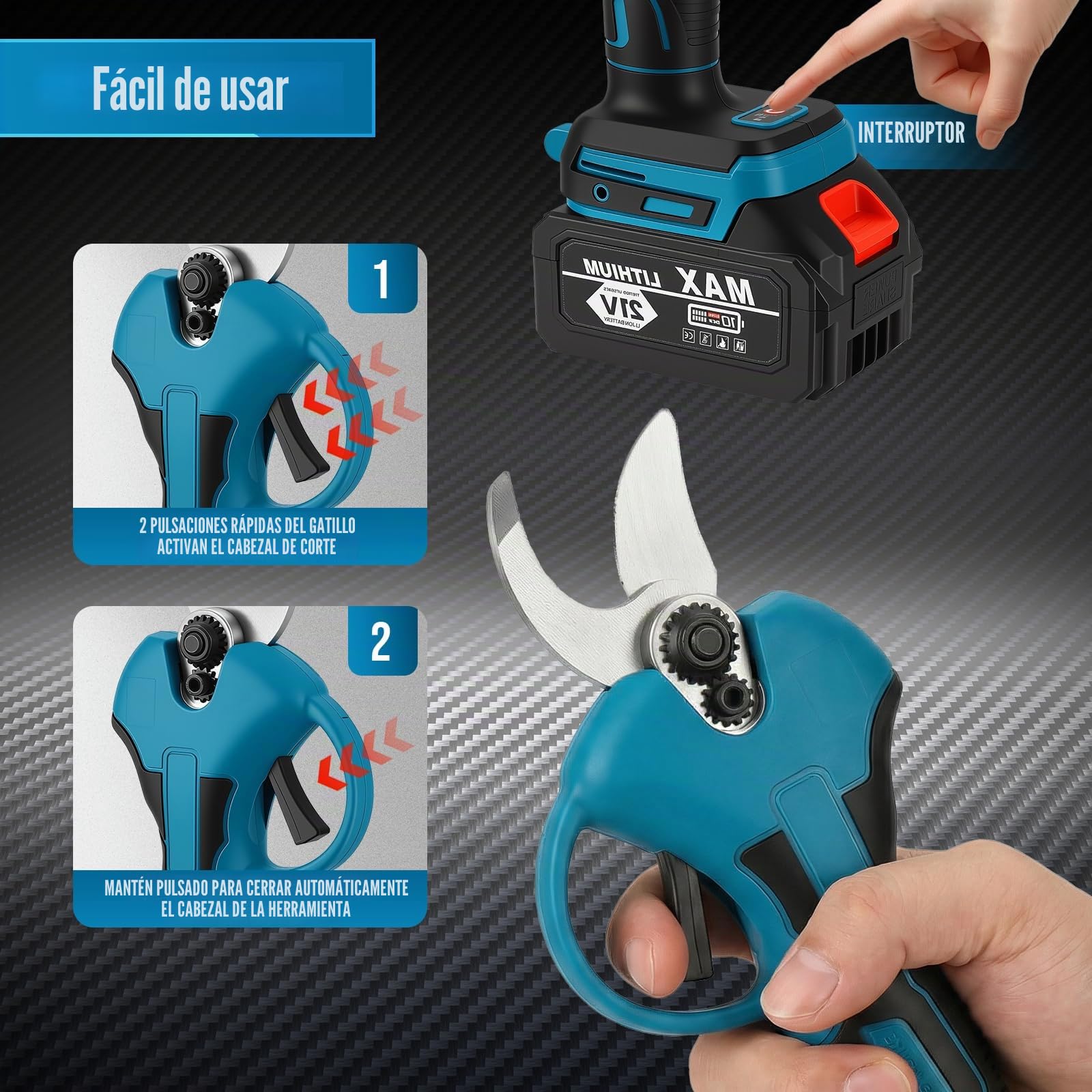 Podadora de pértiga inalámbrica 4 en 1 con mango telescópico - Motosierra de 6 pulgadas + tijera de podar de 32 mm + tijera de podar - Ángulo ajustable 180° - 2 baterías de 2,0 Ah para corte de árbole