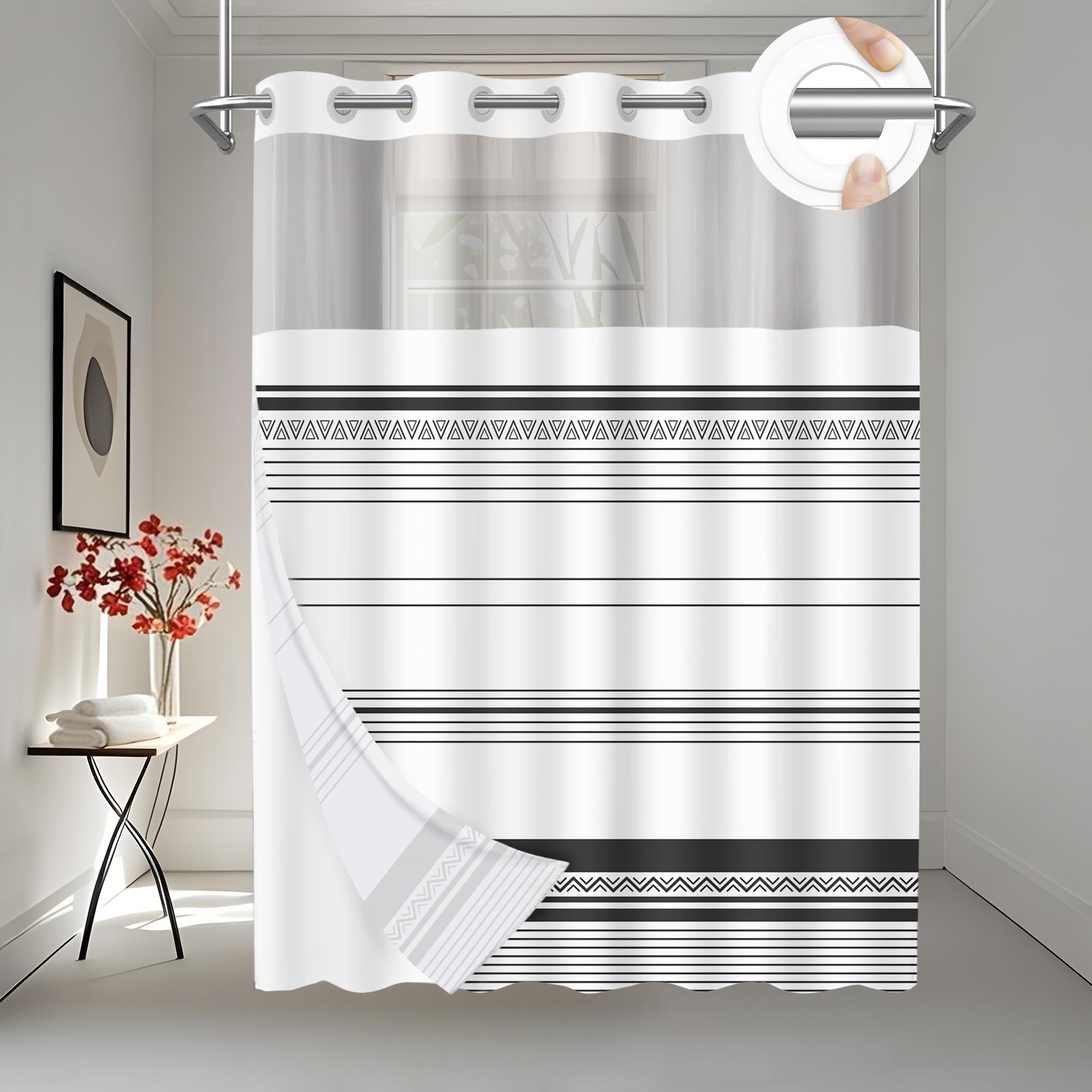 AXURXUI No Hook Shower Curtain and Snap in Liner Set, Modern Boho Black Striped Bath Curtain for Bathroom Decor, Hotel Style Design, Double Waterproof