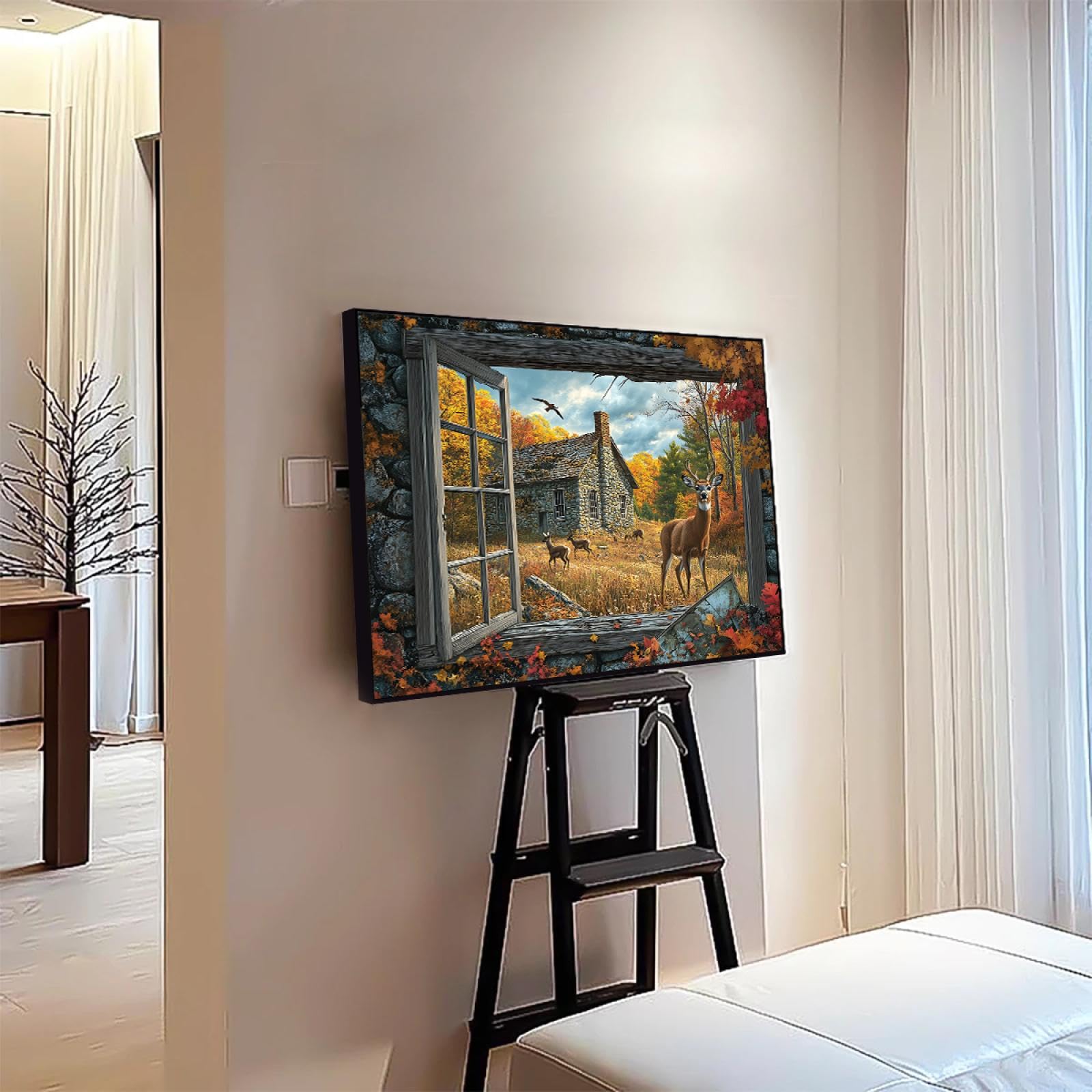Cabaña de otoño ciervo Lienzo Arte de pared Naturaleza Paisaje Cuadros Rústico Vida silvestre Obras de arte Impresiones Bosque escénico Pósters Pintura Decor del hogar 60x90cm Con-marco-negro