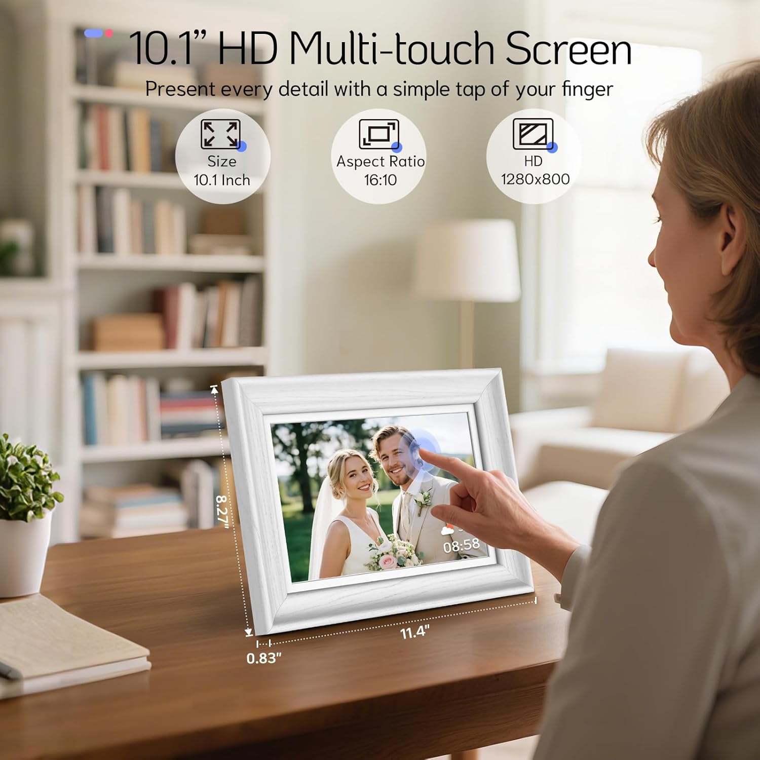 A woman interacting with the 10.1-inch NexFoto digital frame, highlighting its multi-touch screen and dimensions.