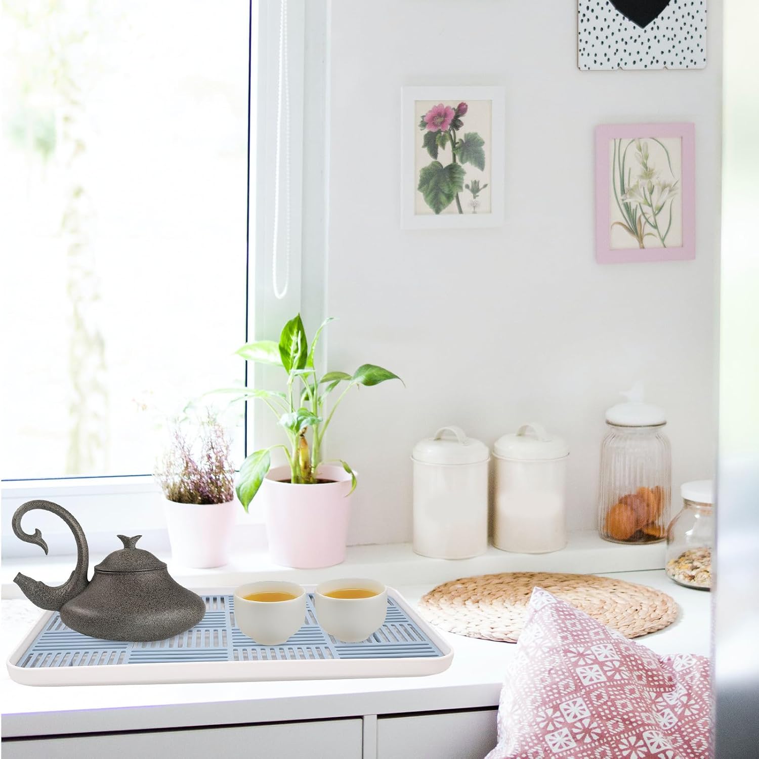 IMIKEYA Double Layer Draining Tea Tray Non Skid PP Home Serving Plate