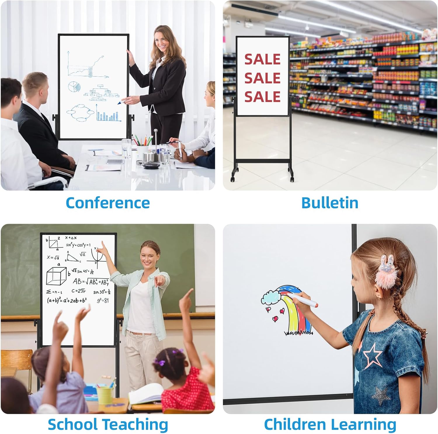 VOWNER Rolling Whiteboard, 40” x 28” Double Sided WhiteBoard on Wheels, Height Adjustable Dry Erase Board with Stand, Magnetic Mobile White Board for Office, Home, Classroom, Black