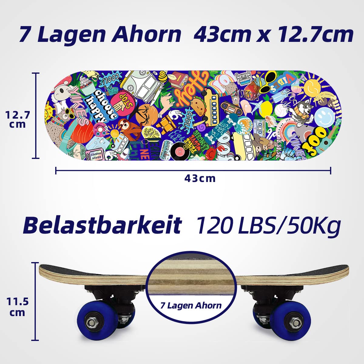 Mini monopatín para niños Principiantes Niños pequeños Cruiser Skateboard con gráficos geniales para niños de 3 a 6 años - Cubierta de madera de arce de 17 pulgadas, ruedas de 54 mm, liviano