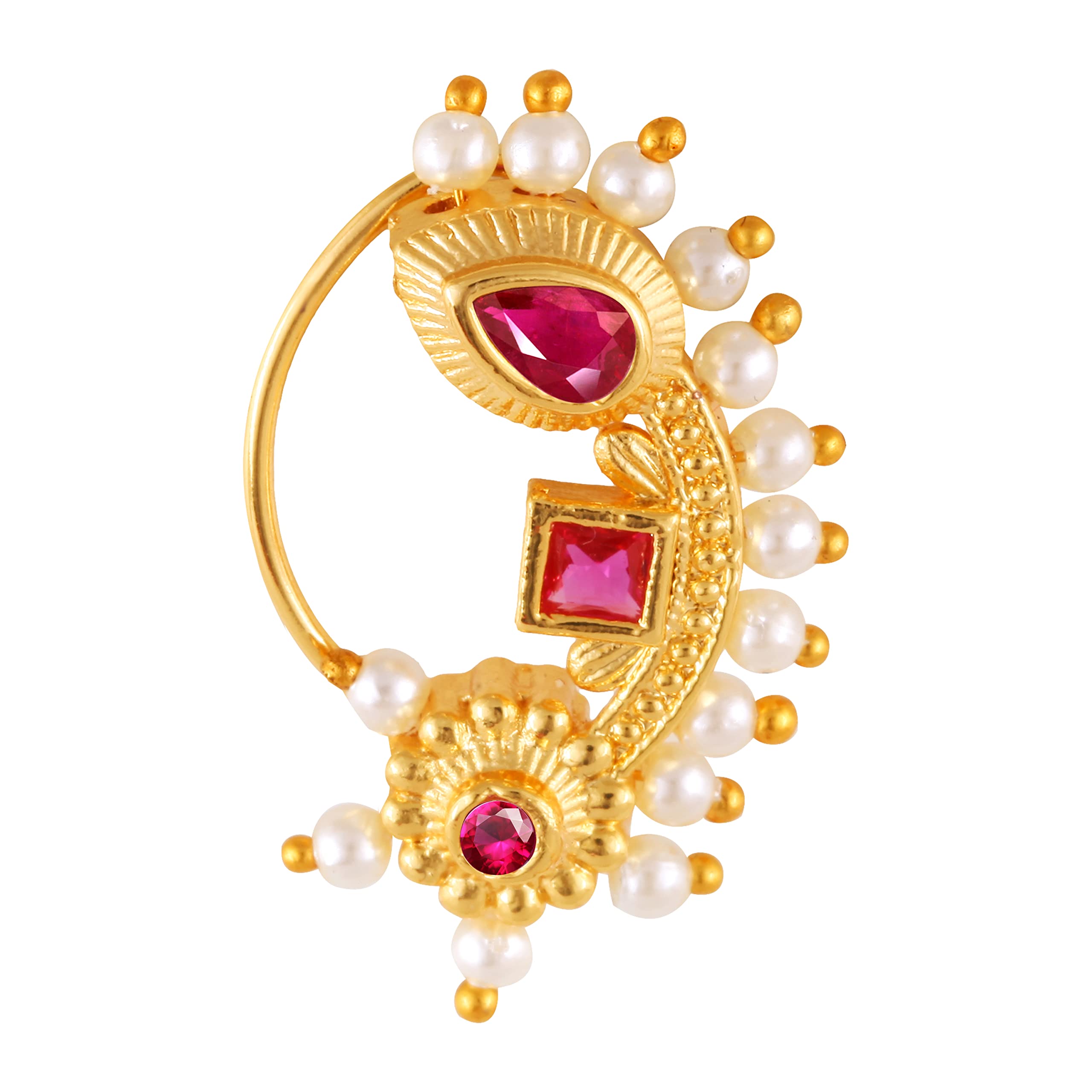 Vighnaharta Gold Plated with Pearl Alloy and CZ Red stone Non Piercing Maharashtrian Nath Nathiya./ Nose Pin valentine day gift valentineday gift for her gift for him gift for women gift for women {VFJ1162NTH-Press }