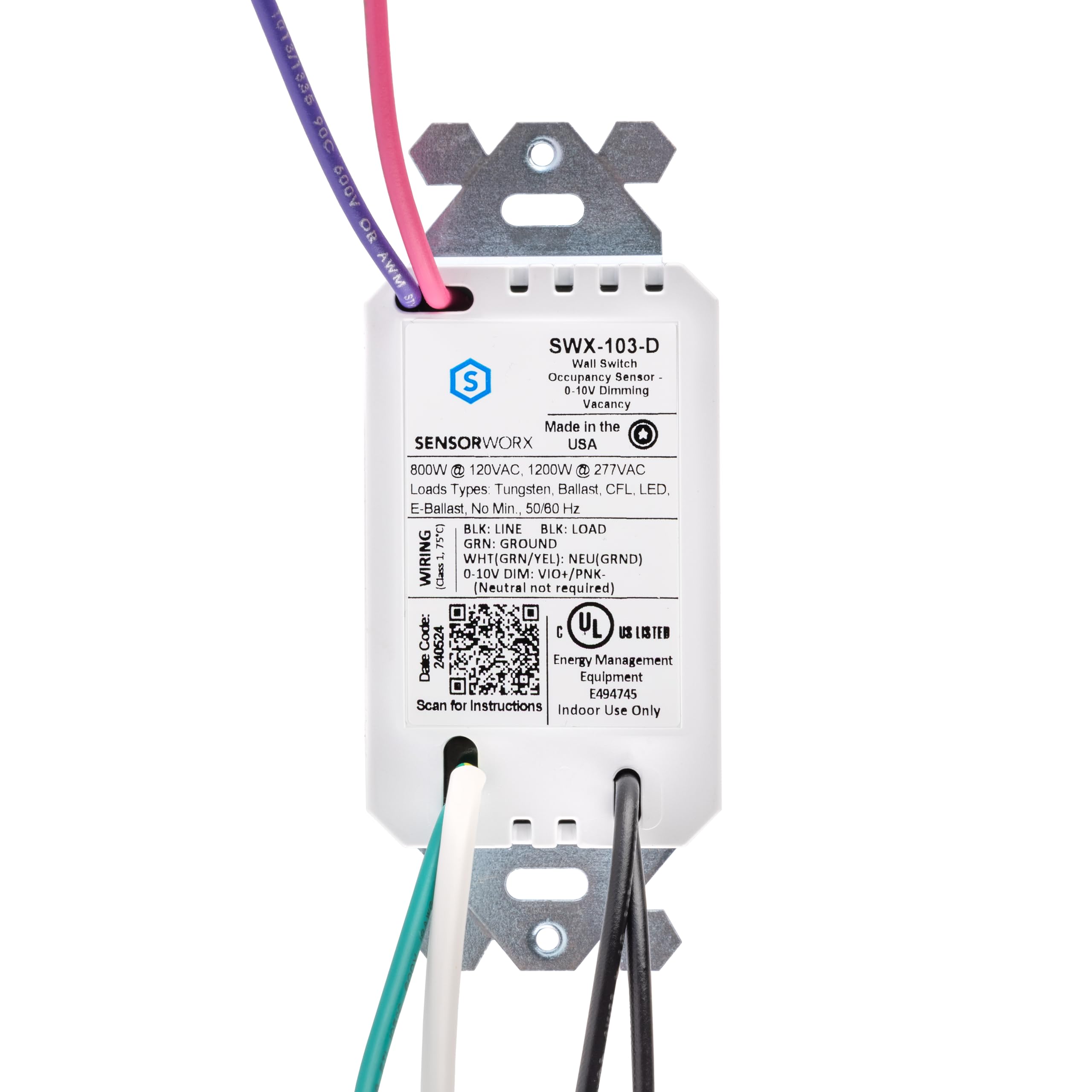 Détecteur de mouvement d'occupation avec variateur d'intensité 0-10 V, SWX-103-D-WH, détection PIR, mode manuel (mode vacance), 120/277 V, 800 W/1200 W, 1 pôle, pas de neutre nécessaire