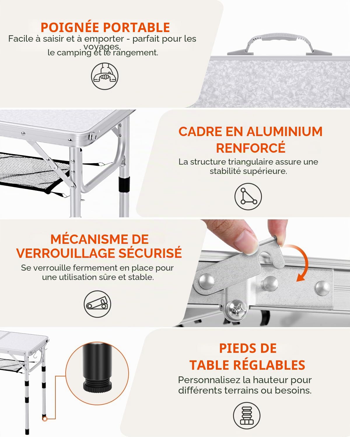 Table de Camping Pliante Sportneer 4 Hauteurs Réglables 60×40 cm Aluminium