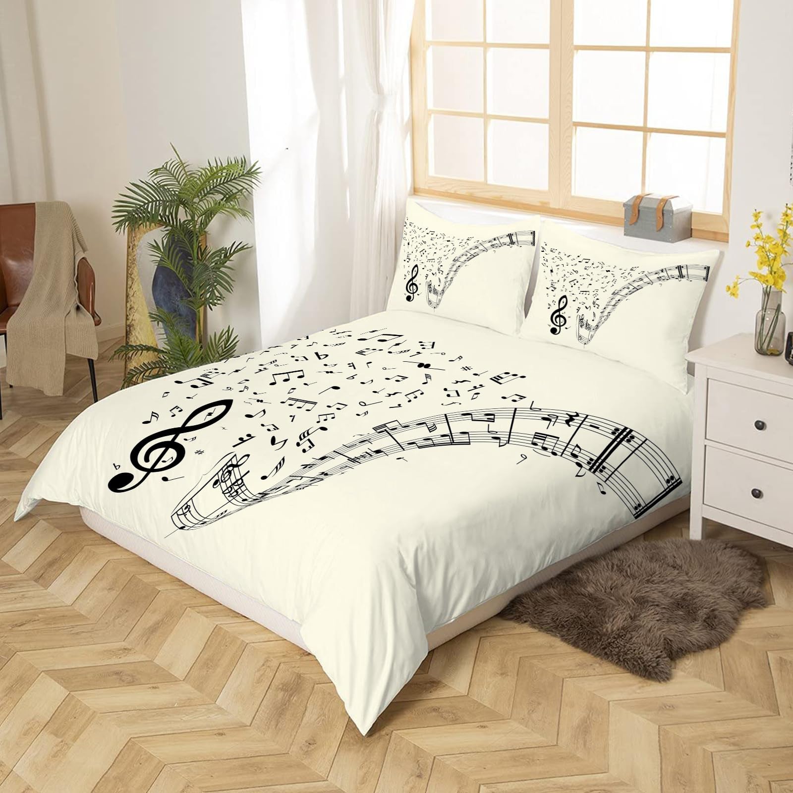 Copripiumino Matrimoniale Note Musicali – Set 3 Pezzi 260x240 Cm In Microfibra, Con Cerniera E Nastri Angolari, Design 3D