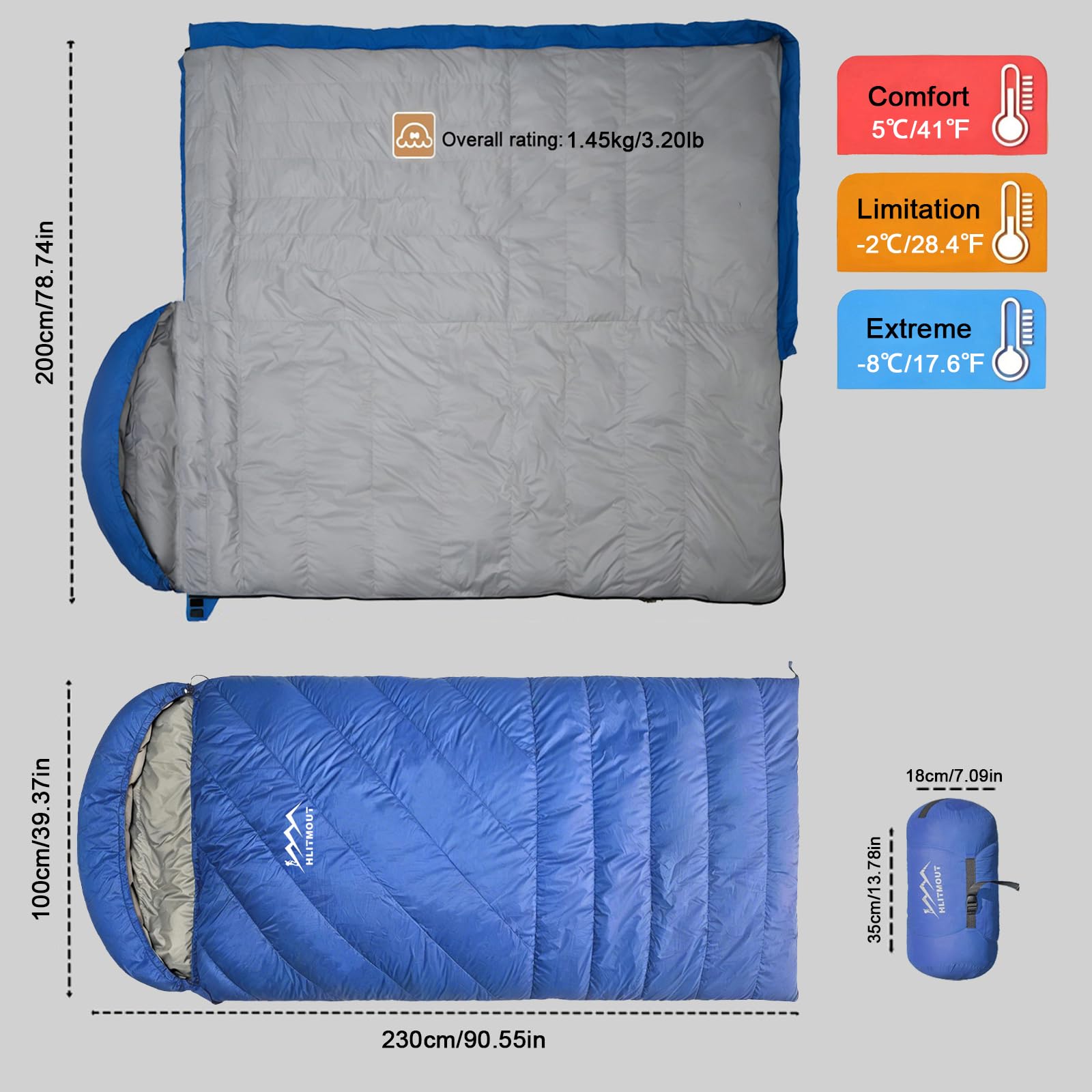 Saco de Dormir Rectangular de Plumón con Sombrero Desmontable, de -5 °C a 8 °C, Ligero y Compacto, para Camping, Senderismo y Mochileros