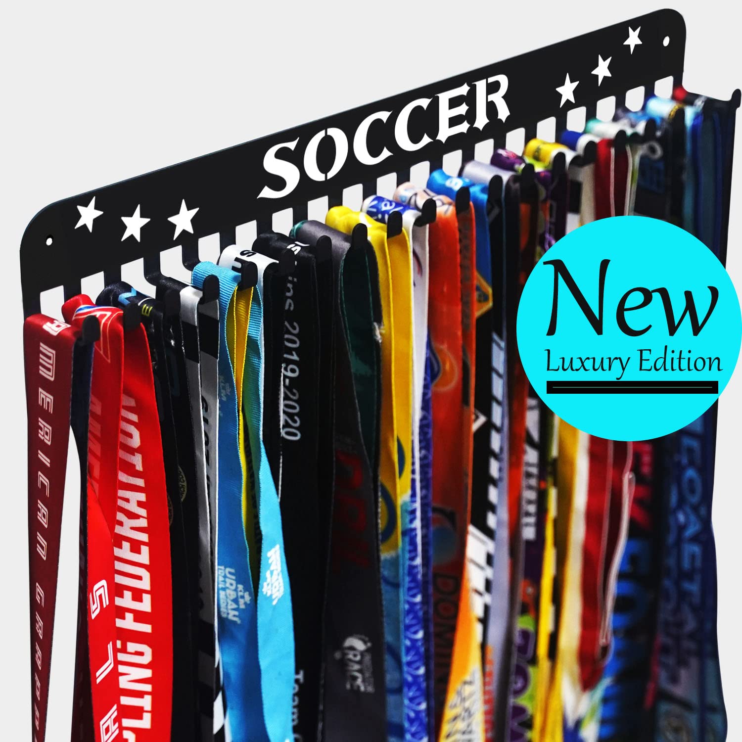 Premium Medal Display Hanger Never Give Up with 20 Hooks,Medal Hanger Display For Wall with 16inchL,race medal display Upgraded Medal Holder display with Simple Design For gymanstics,race,soccer,swim