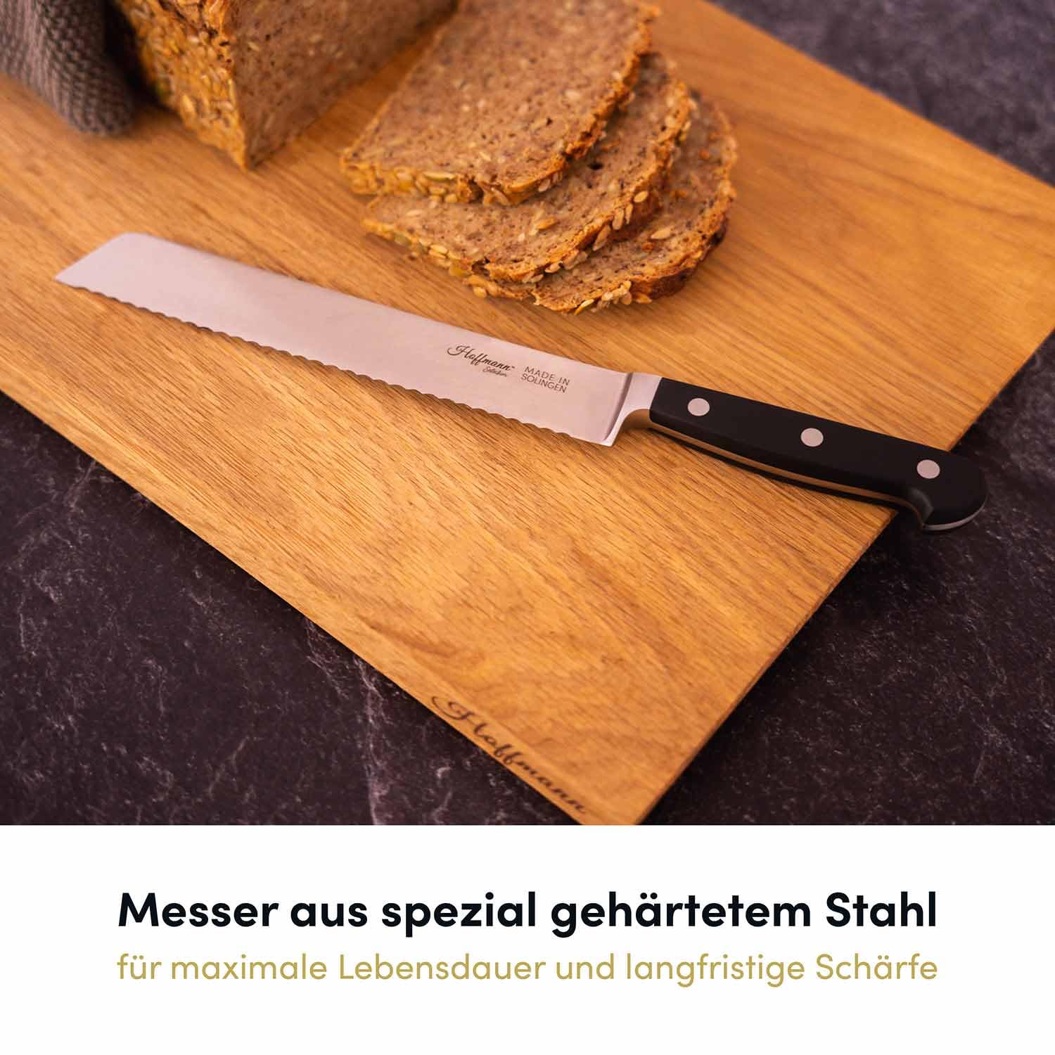 Hoffmann Brotmesser, Handgeschmiedet in Solingen, Edelstahl, Klingenlänge 21 cm Wellenschliffklinge, POM-Griff, 185g, Professionelles Küchenmesser Made in Germany, Brotschneidemesser, Küchenmesser