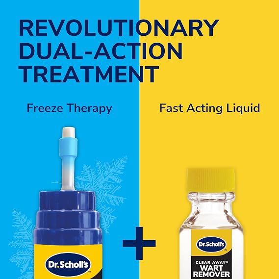 Dr. Scholl's Dual Action Freeze Away Wart Remover, 8 ct Twice as Effective as Freezing Alone on Larger Warts, Fast-Acting Treatment for Common and Plantar Wart Removal, Safe to Use on Kids Ages 4+