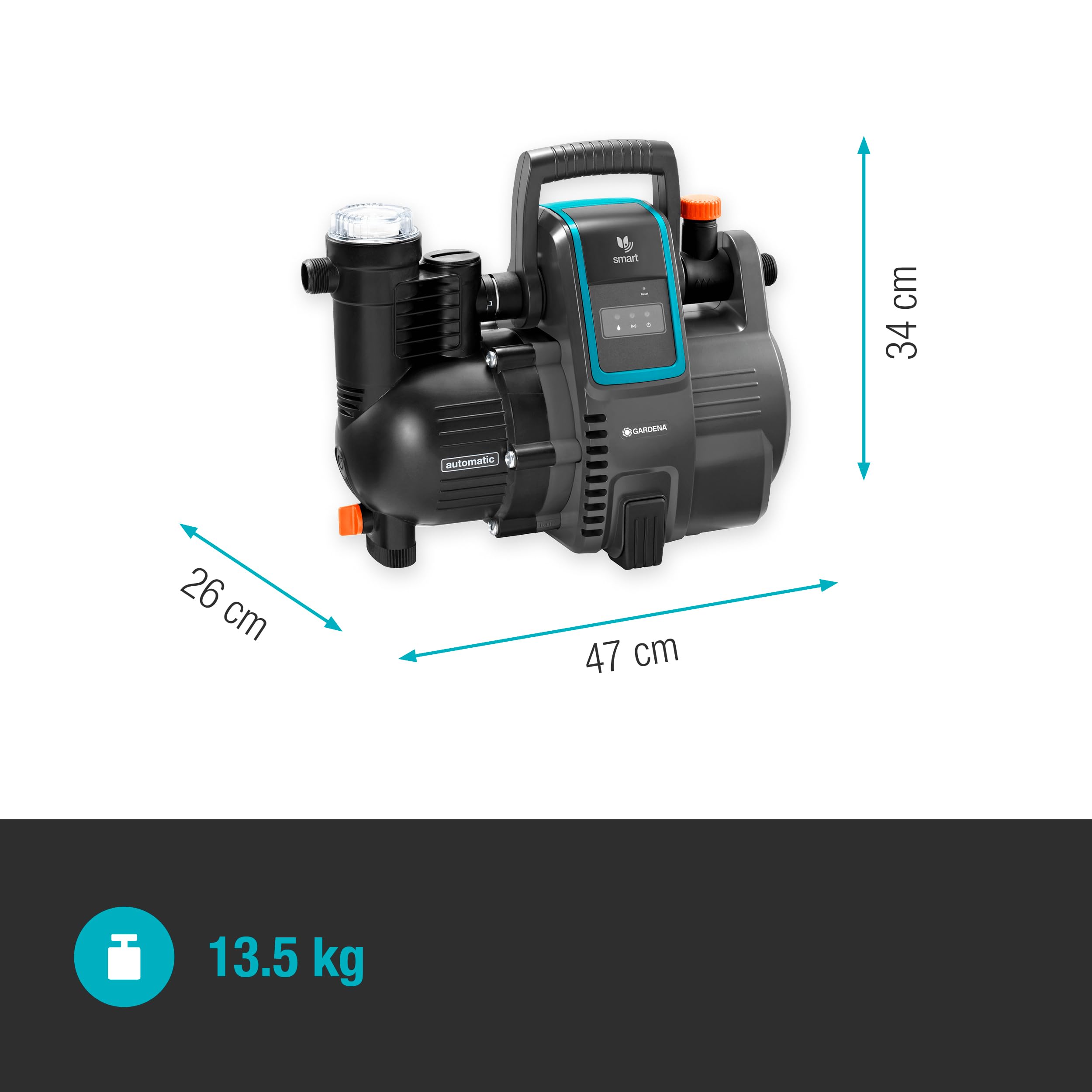 Gardena smart Pressure Pump: automat. hydrofor sterowany przez aplikację/tablet, wydajność 5000 l/h, bezobsługowy, filtr wstępny, maks. wys. zasysania 8 m, zabezp. przed pracą na sucho (19080-20)