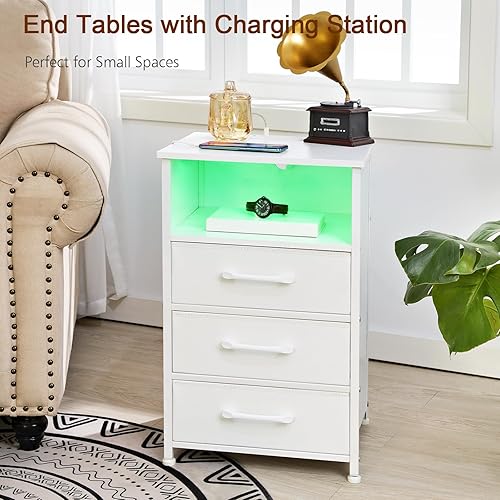 Miniatura 8 de LOAKEKEL Juego de 2 mesitas de noche blancas con estación de carga, mesas auxiliares con 3 cajones de tela, mesita de noche con puerto USB tipo C y