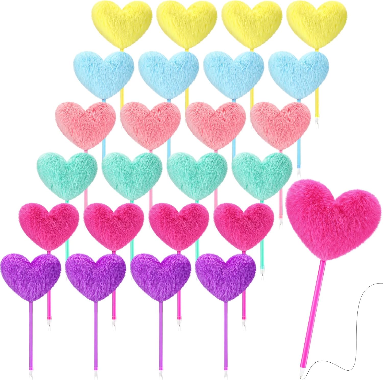 Zhanmai 24 Pack Heart Shape Pom Pom Ballpoint Pens Colorful Fluffy Ball Pen Bulk for Teacher Women Office Party Supplies Wedding Gift