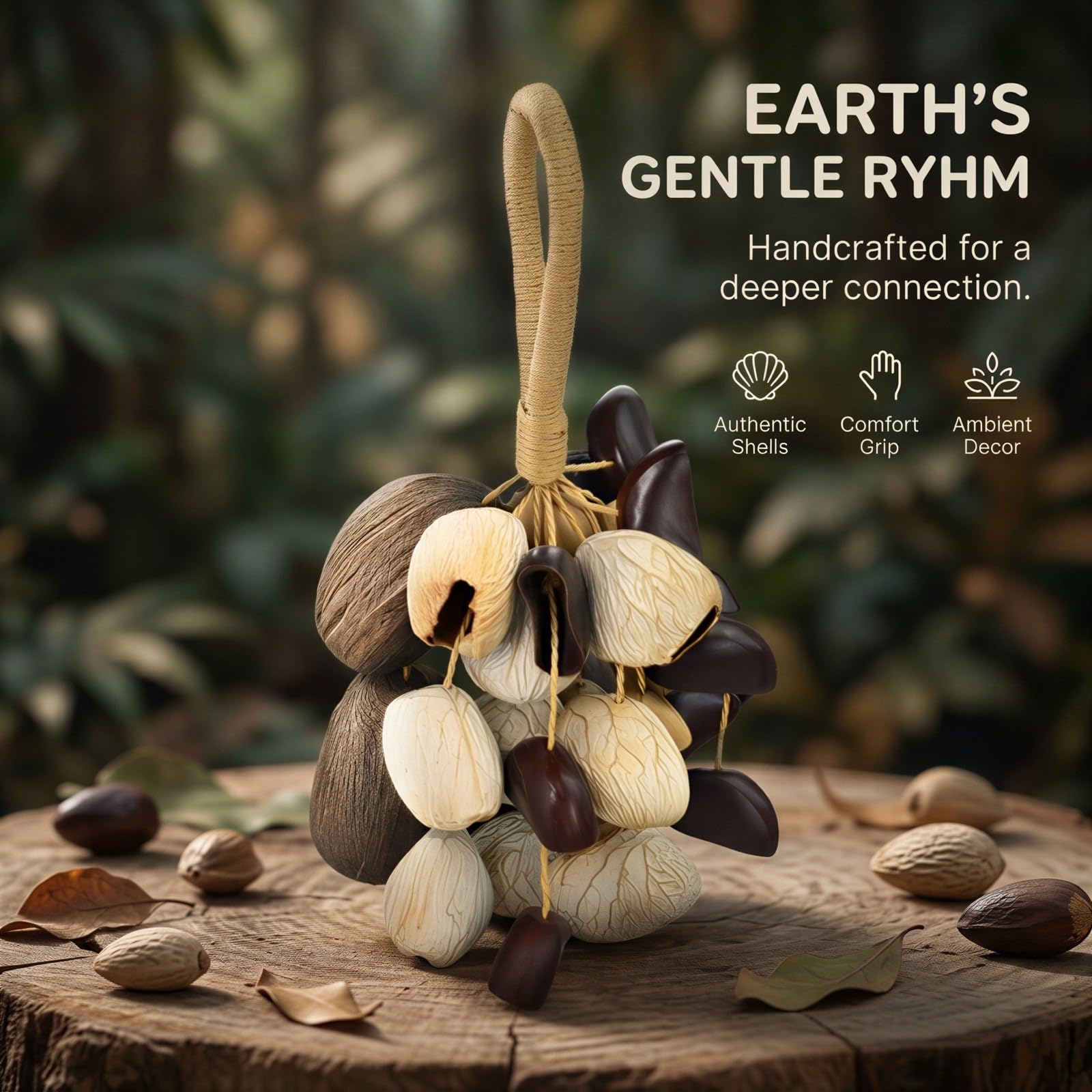 Shaker naturel, hochet artisanal en coque de noix de 25-30 cm, 11 cordes, instrument de percussion pour yoga, détente et relaxation, modèle chacha panji salin juju