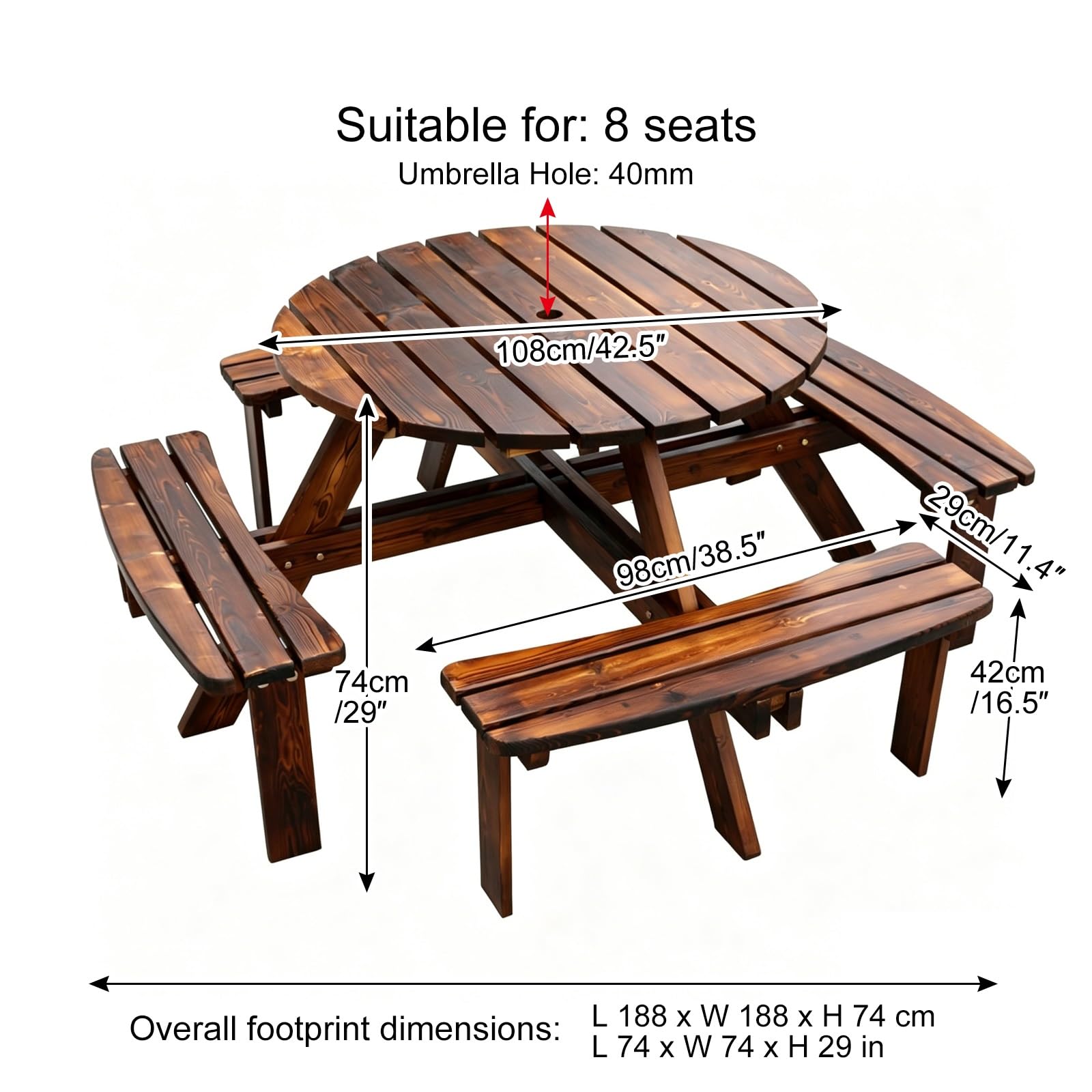 Tavolo da Picnic Rotondo All-in-one In Legno Massivo Carbonizzato, Tavolo da Esterno Resistente Per 8 Persone con 4 Panche Curve E Foro Ombrello 40mm Per Giardino