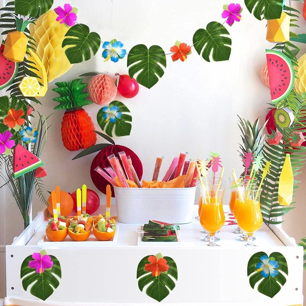 Ziranee Tropical Party Decoration,24 PCS Tropical Palm Leaves+24 PCS Artificial Flowers 6" Monstera Leaves with Stem Hawaiian Hibiscus Flowers for Beach Party Rainforest Table Decorations - Image 3
