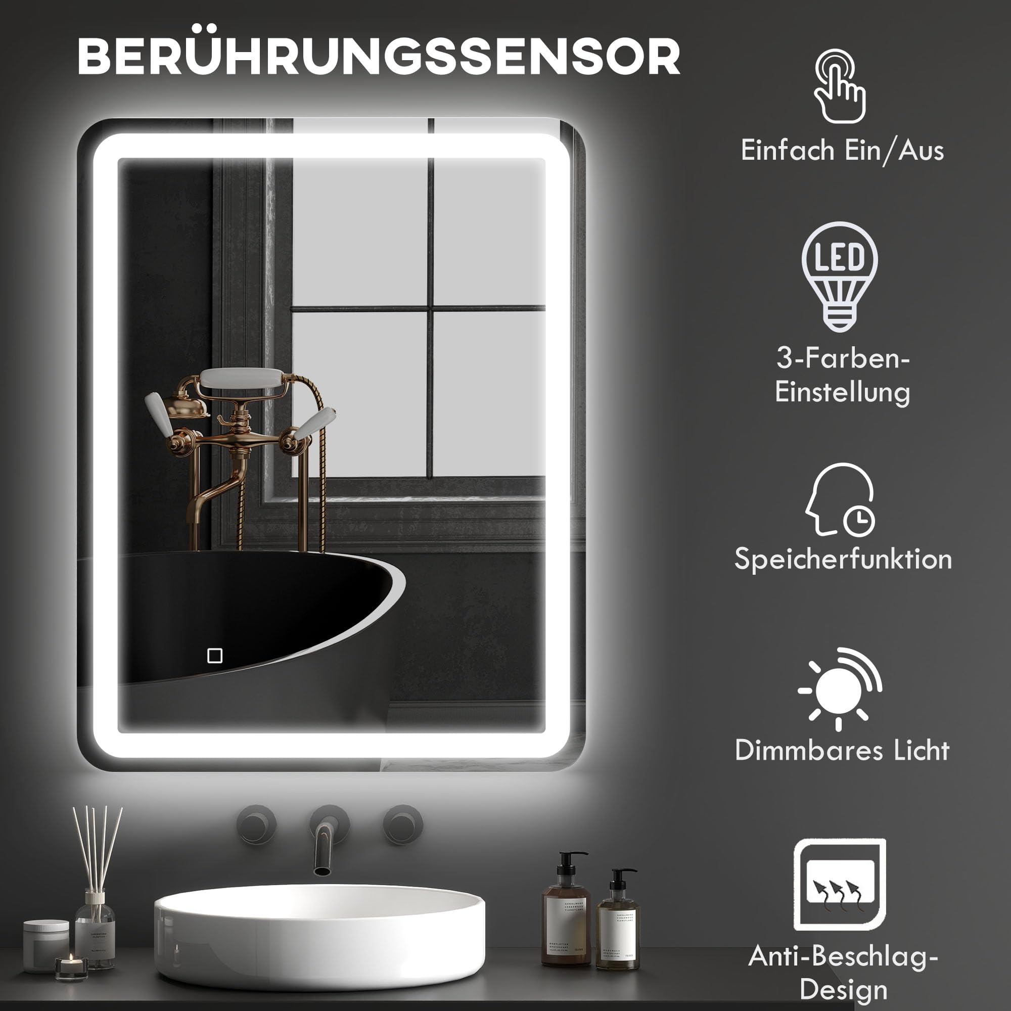 HOMCOM Badspiegel mit Beleuchtung 70 x 90 cm mit 3 Lichtfarben Silber