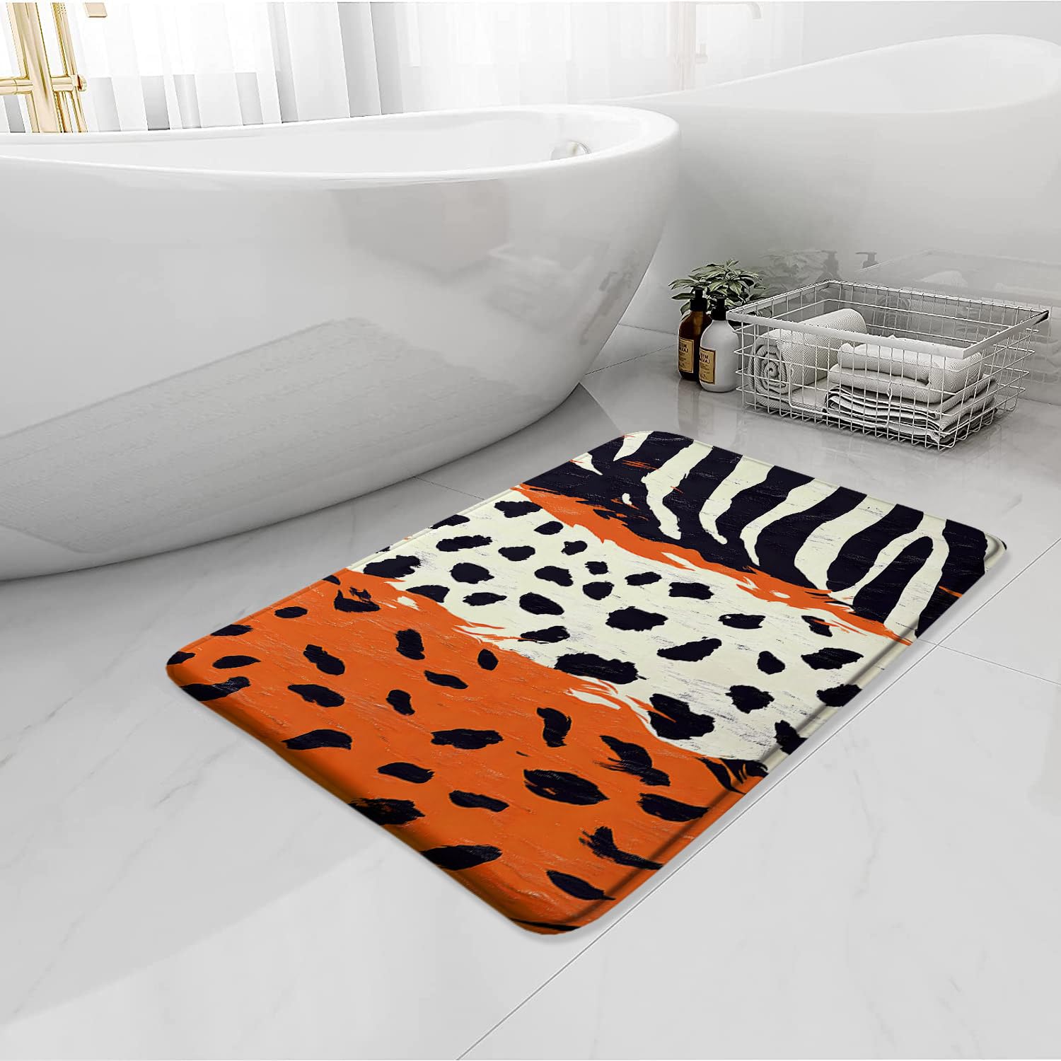 Orange Leopard Print Bath Mat Black White Stripe Polka Dot Fashion Zebra Print Funny Modern Bathroom Rug Memory Foam Home Decor Rug 17.7X29.5 Inch