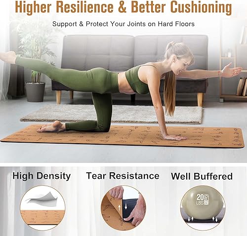 Miniatura 3 de Tapete de yoga de corcho prémium de 14 y 25 pulgadas de grosor, 72 x 26 pulgadas, corcho grueso y elastómero termoplástico, antideslizante, para