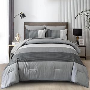 WONGS Bedding Grey Comforter Set King, Reversible Grey Striped Down Alternative Comforter for King Bed,3 Pieces (1 Comforter+2 Pillowcases), Boho Soft Microfiber Bedding Set 104"×90"