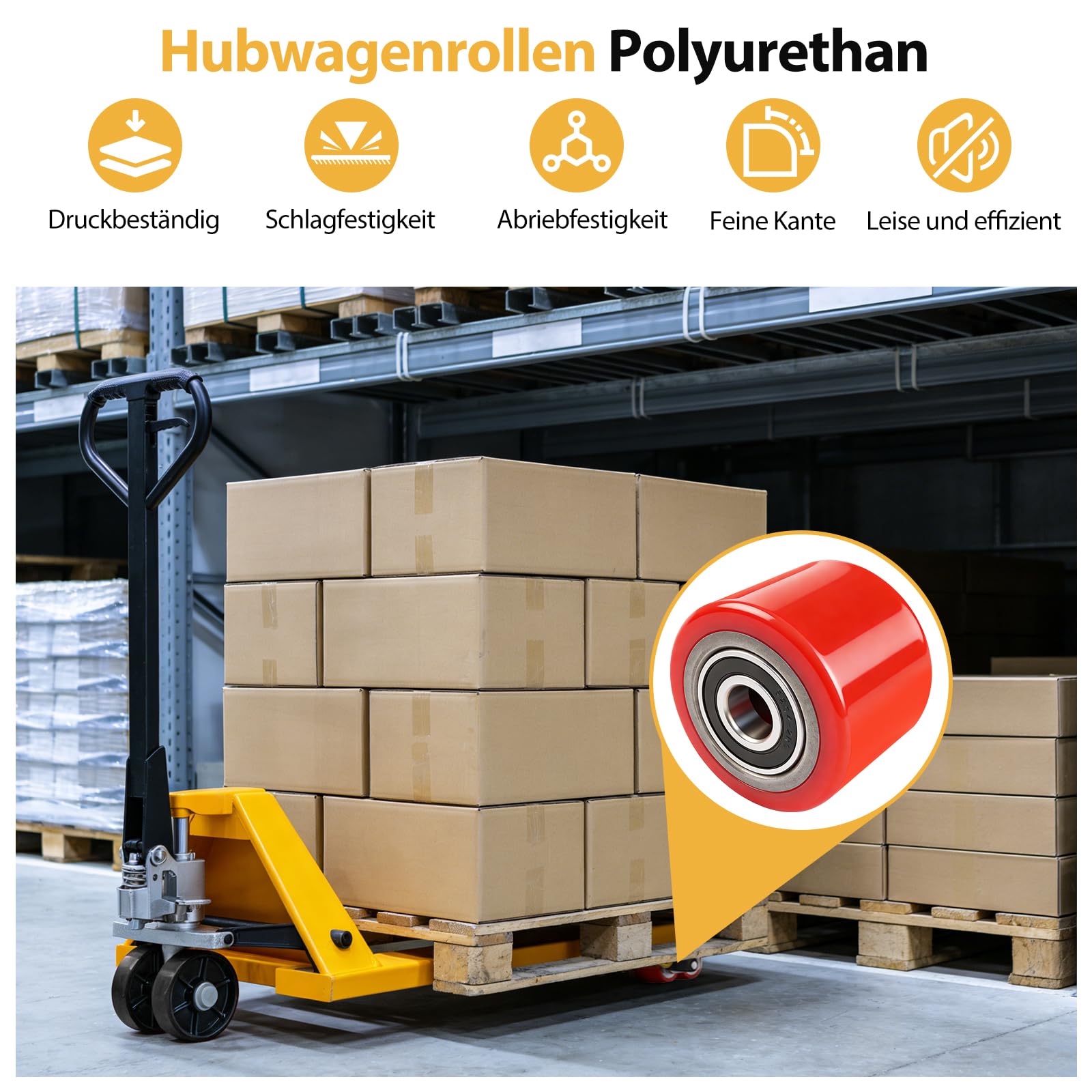 4 Stück Hubwagenrollen Polyurethan, 80 x 70mm Hubwagen Räder Gabelhubwagenrolle Lastrolle für Hubwagen Ersatzrolle, Achse 20 mm (4 Stück 80x70mm (Polyurethan))