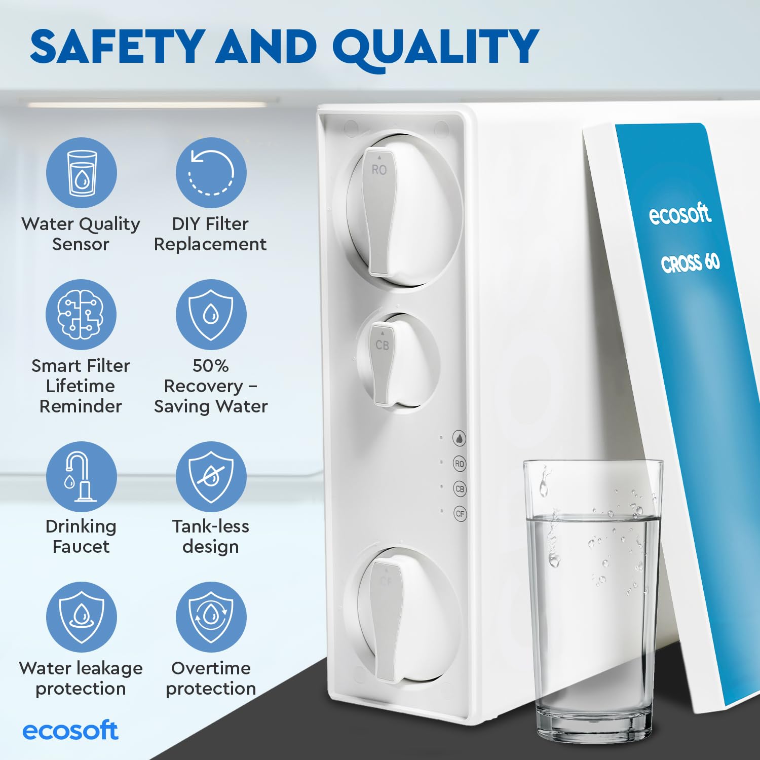 Ecosoft CROSS 60 - Filtro ad osmosi inversa, flusso diretto da 1 l/min, tecnologia ecologica a risparmio d'acqua, display intelligente, sostituzione delle cartucce fai da te