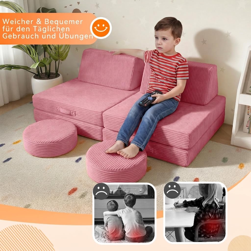 MeMoreCool Cord Spielsofa Kinder, Modulare Schaumstoff Couch Rosa | Weiche Schaumstoff Bausteine Couch für Kinder, Ideal als Kuschelecke und Kreativer Indoor-Spielplatz im Kinderzimmer